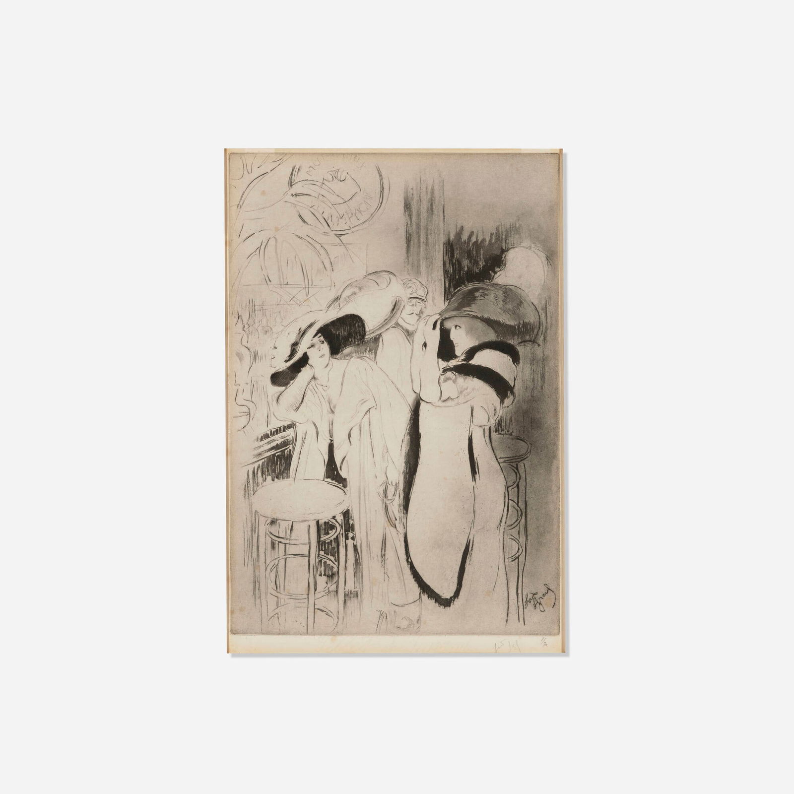 Louis Auguste Mathieu Legrand, Soireuses (Night Birds): Louis Auguste Mathieu Legrand Soireuses (Night Birds) 1911 etching and drypoint image: 15.75 h x 10.75 w in (40 x 27 cm) sight: 16.5 h x 11.125 w in (42 x 28 cm) Signed and numbered to lower