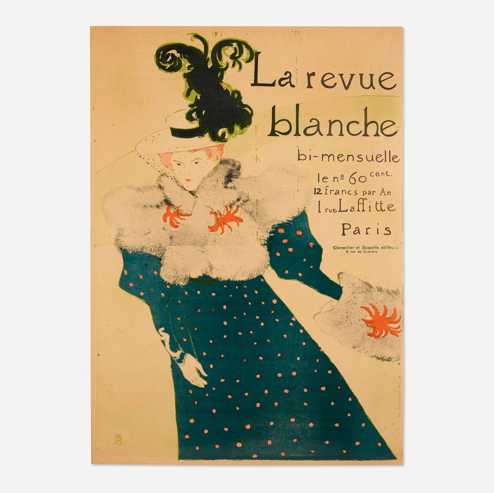 Henri de Toulouse-Lautrec, La Revue Blanche: Henri de Toulouse-Lautrec La Revue Blanche 1895 lithograph in colors sight: 50.375 h x 35.875 w in (128 x 91 cm) This work is from the edition printed by Imp. Edw. Ancourt, Paris. Literature: