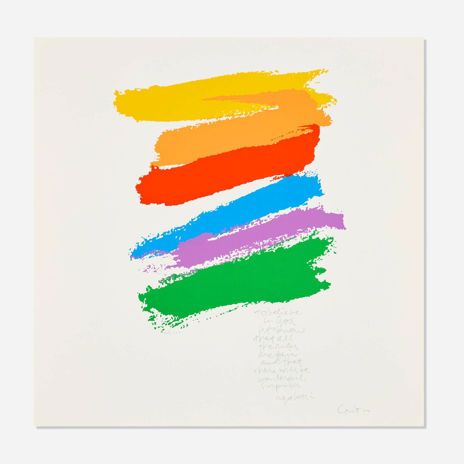 Corita Kent (Sister Mary Corita), promise: Corita Kent (Sister Mary Corita) promise 1978 screenprint in colors 23 h x 23 w in (58 x 58 cm) Signed and numbered to center and lower right 'Ed 200 Corita'. This work is from the edition of 200