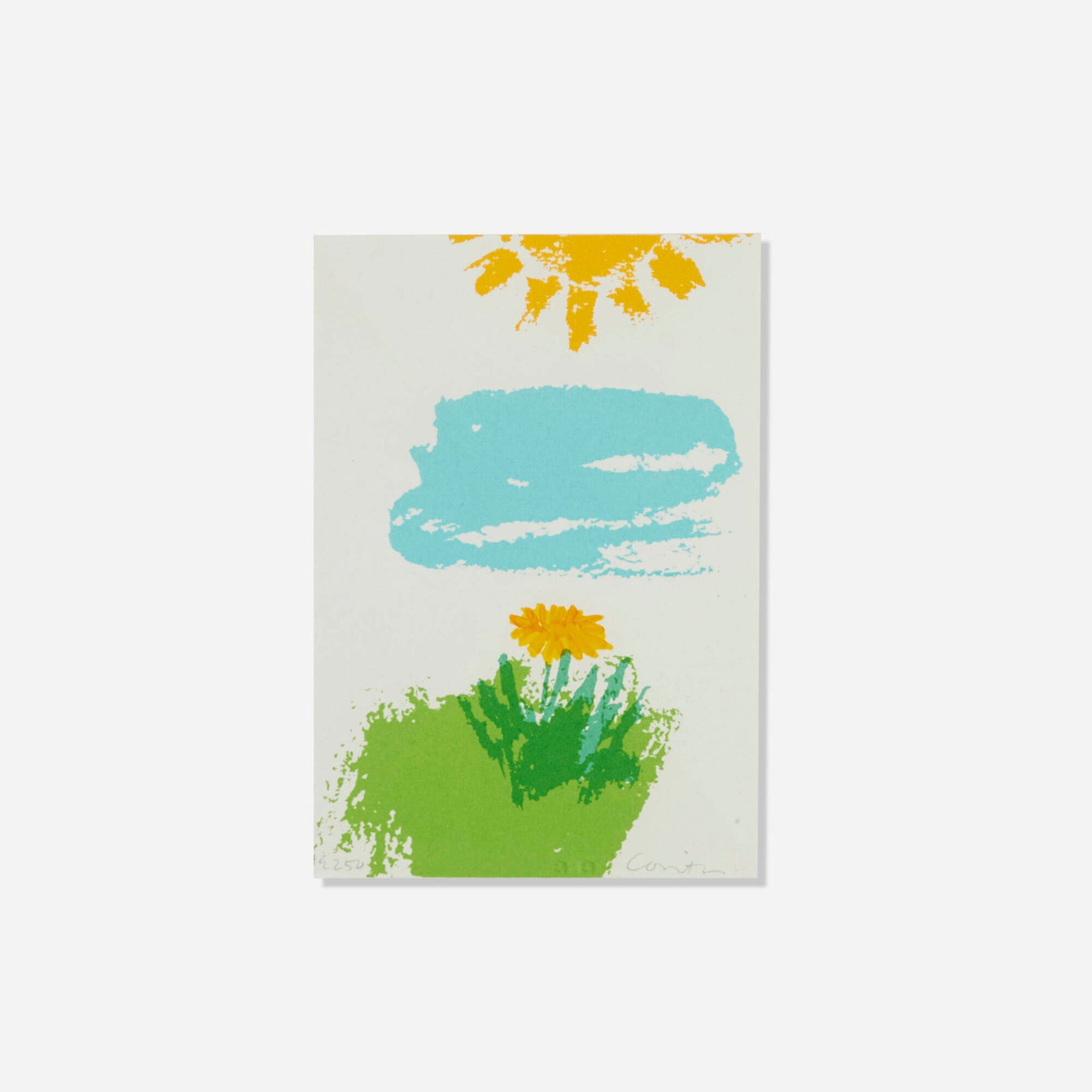Corita Kent (Sister Mary Corita), sun on a dandelion: Corita Kent (Sister Mary Corita) sun on a dandelion 1980 screenprint in colors 7 h x 5 w in (18 x 13 cm) Signed and numbered to lower edge 'E250 Corita'. This work is from the edition of 250 and