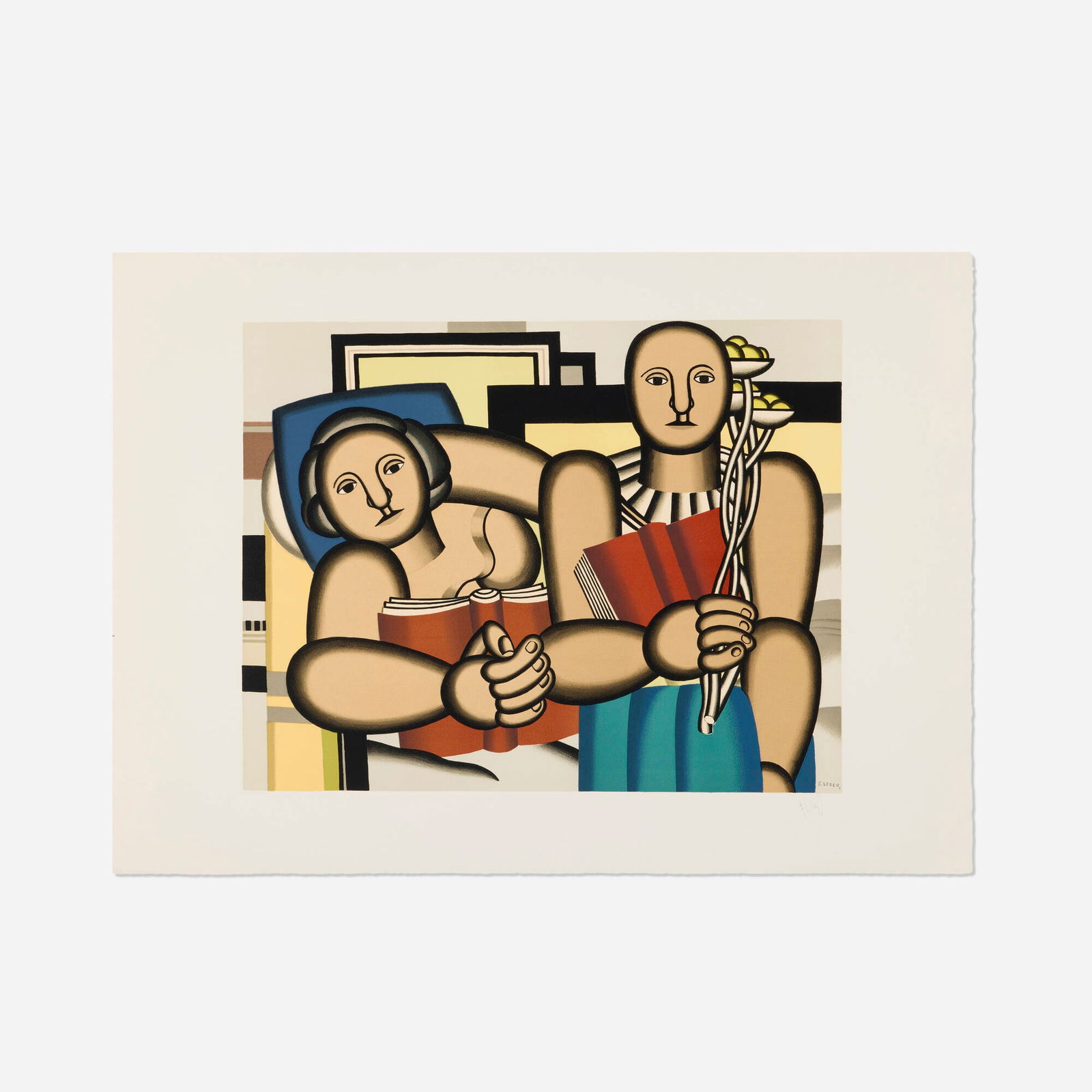 Fernand Leger, La lecture: Fernand Leger La lecture 1953lithograph in colors on Arches image: 17.75 h x 22.5 w in (45 x 57 cm) sheet: 23.625 h x 32.75 w in (60 x 83 cm) Signed to lower right 'Fernand Leger'. This wor