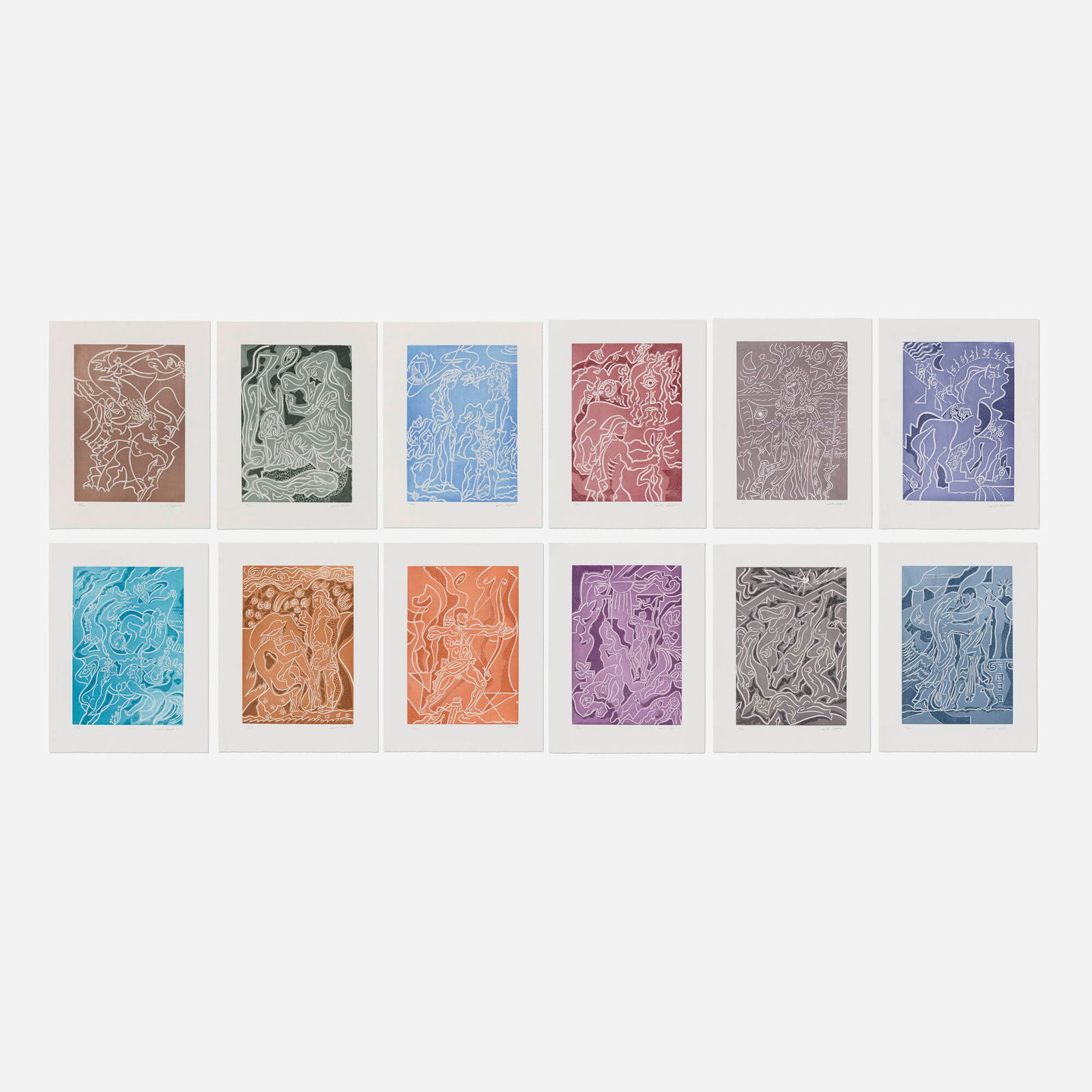 Andre Masson, L'Odyssee: Andre Masson L'Odyssee 1977 aquatint in colors on BFK Rives sheet (each): 25.625 h x 19.875 w in (65 x 50 cm) Signed and numbered to lower edge of each work '58/120 Andre Masson'. Numbered to