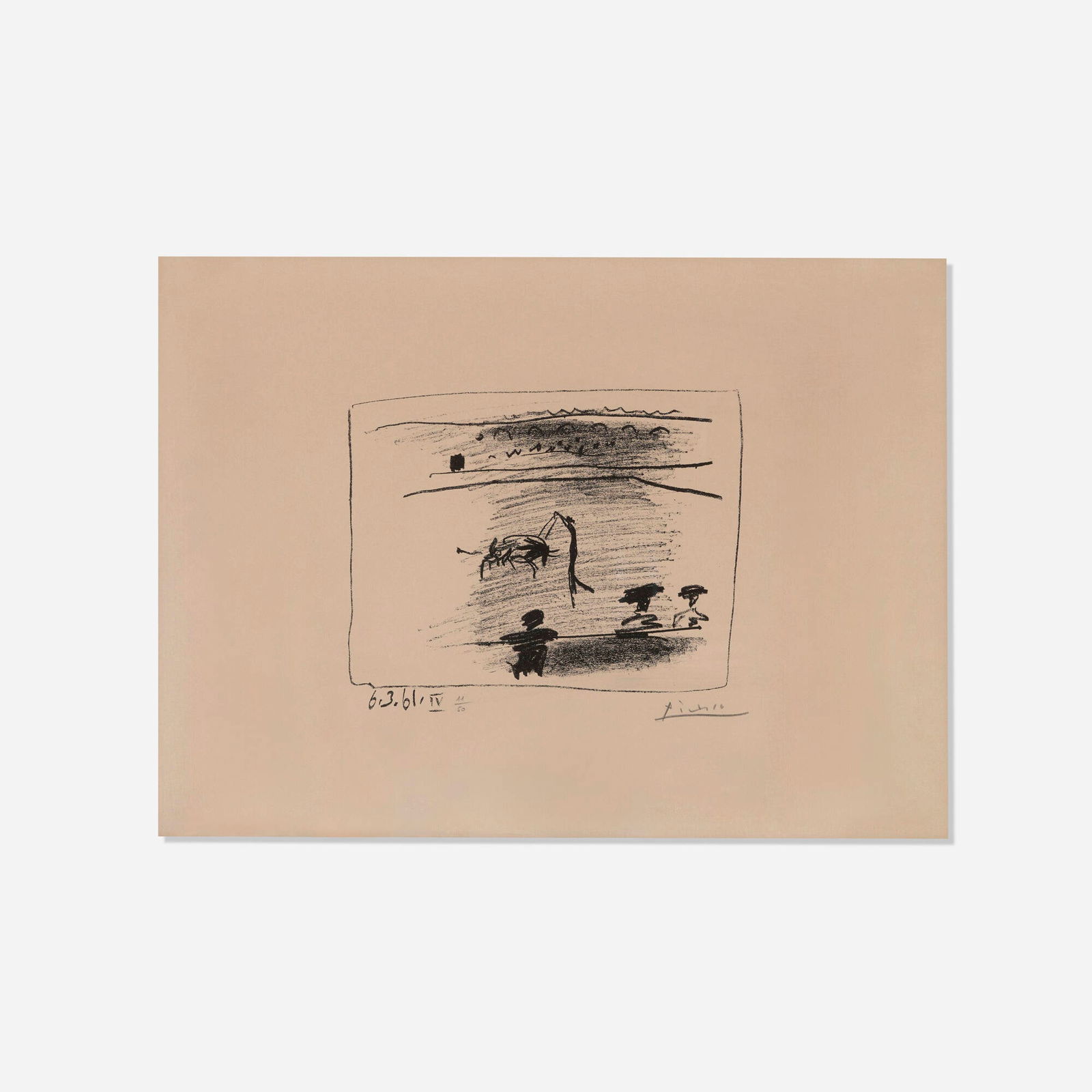 Pablo Picasso, Les Banderilles (from the A Los Toros Avec Picasso portfolio): Pablo Picasso Les Banderilles (from the A Los Toros Avec Picasso portfolio) 1961 lithograph sight: 13.875 h x 18.875 w in (35 x 48 cm) Signed and numbered to lower margin '44/50 Picasso'. This