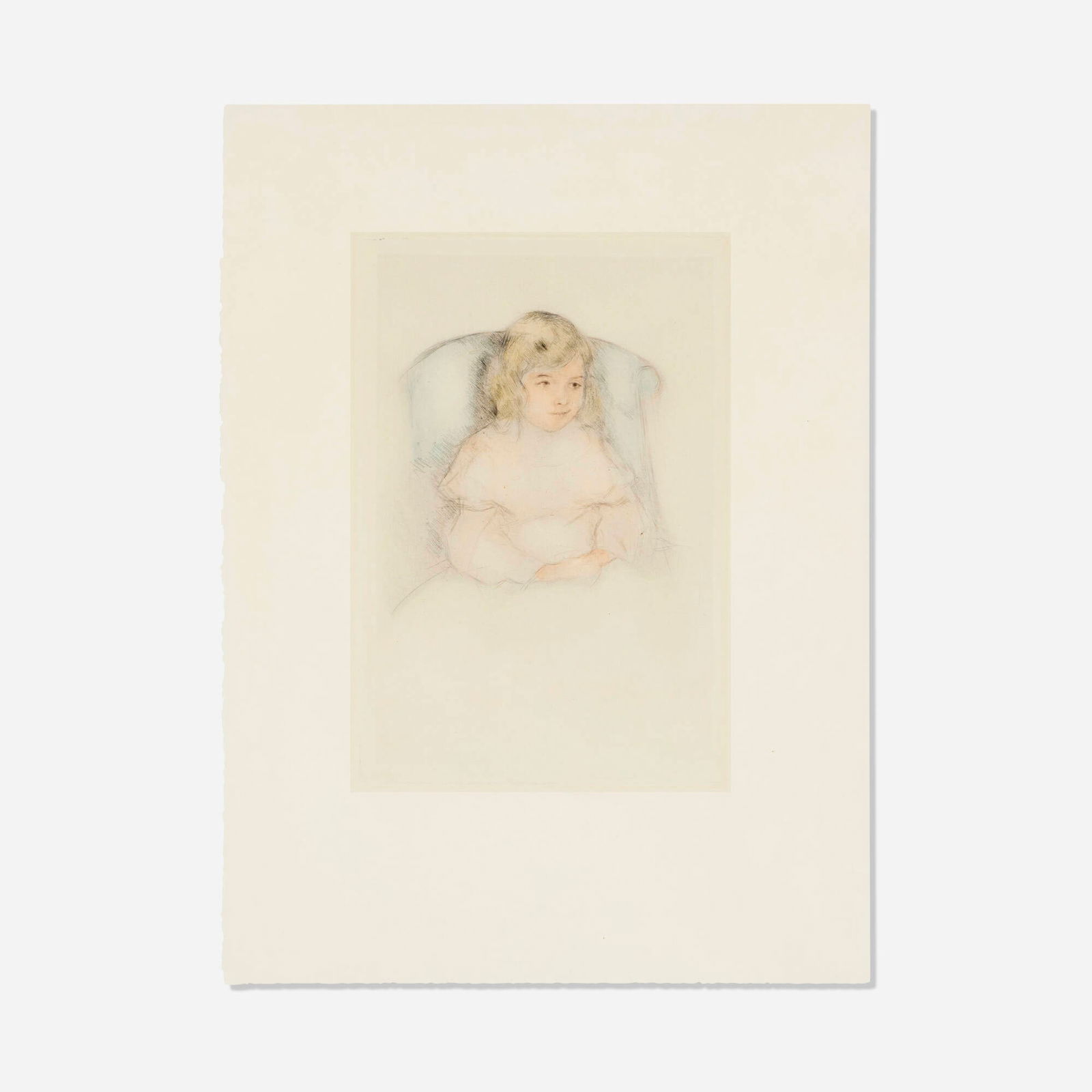 Mary Cassatt, Sara Smiling: Mary Cassatt Sara Smiling c. 1904 etching and drypoint with hand-coloring image: 9.25 h x 6.125 w in (23 x 16 cm) sheet: 15 h x 11 w in (38 x 28 cm) Literature: Breeskin 195 This work will ship