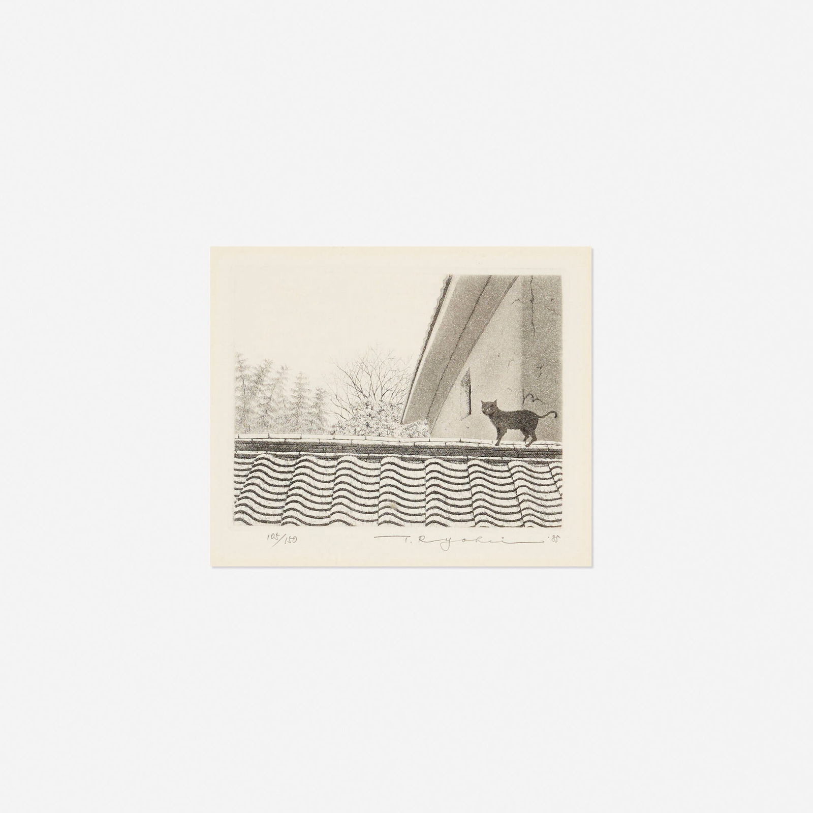 Ryohei Tanaka, Untitled (Cat on a Roof): Ryohei Tanaka Untitled (Cat on a Roof) 1985 etching image: 4 h x 5 w in (10 x 13 cm) sheet: 8 h x 9.75 w in (20 x 25 cm) Signed, dated and numbered to lower margin 'T105/150 Ryohei 85'. This work
