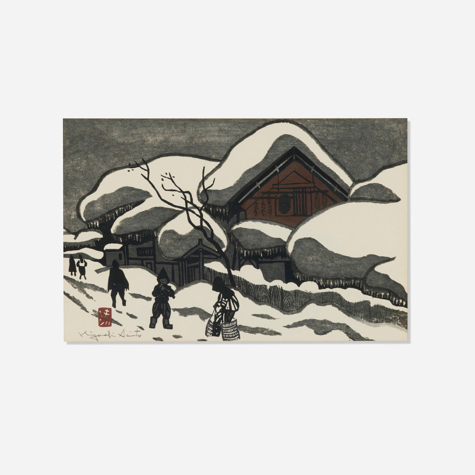 Kiyoshi Saito, Winter in Aizu: Kiyoshi Saito Winter in Aizu c. 1970 woodblock print in colors image: 10 h x 1.5 w in (25 x 4 cm) sheet: 11.5 h x 17.25 w in (29 x 44 cm) Signed to lower left 'Kiyoshi Saito' with artist's chop