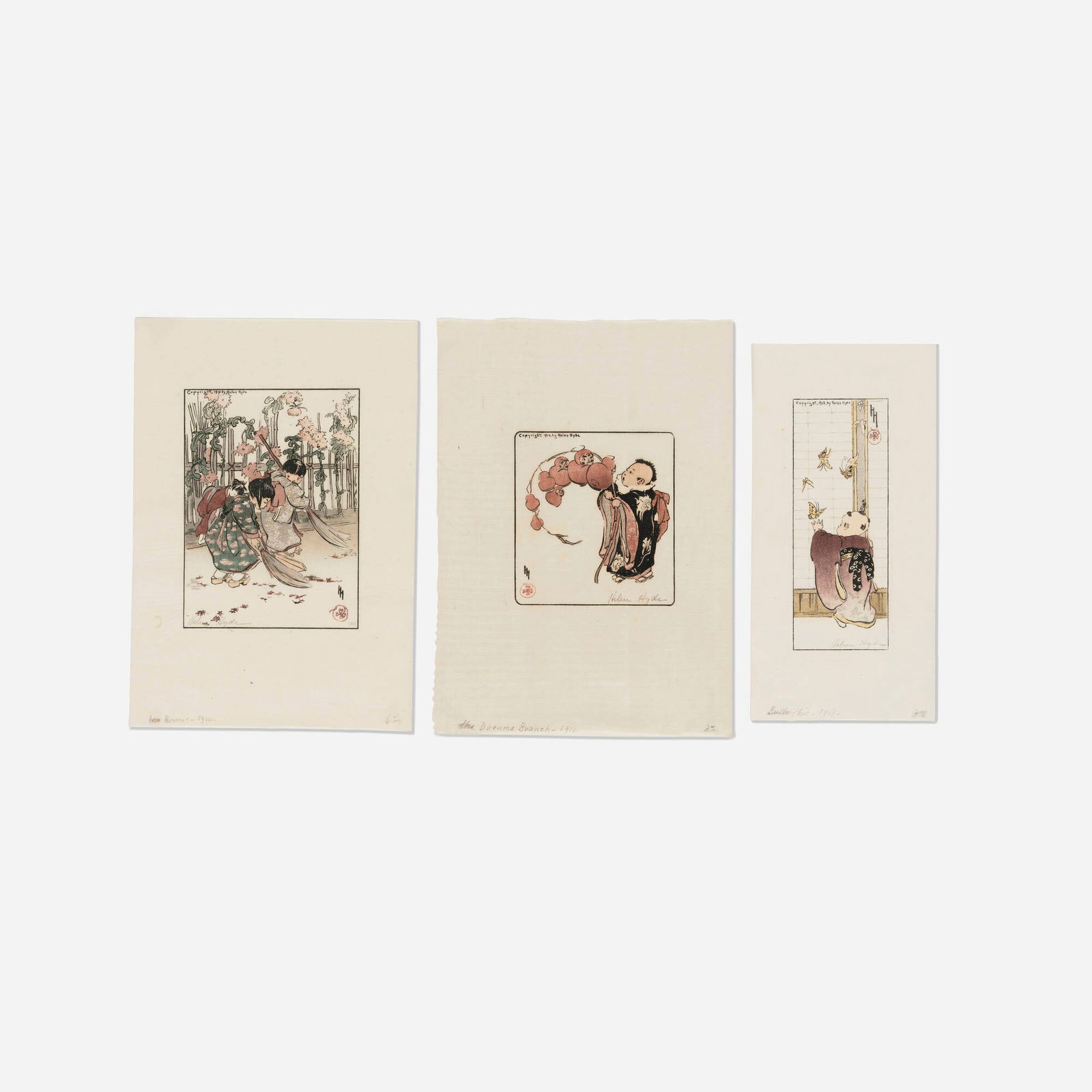 Helen Hyde, New Brooms; The Daruma Branch; Butterflies (three works): Helen Hyde New Brooms; The Daruma Branch; Butterflies (three works) 1908, 1910 woodcut in colors 11.5 h x 7.875 w in (29 x 20 cm) 11.75 h x 8.375 w in (30 x 21 cm) 10.5 h x 5.125 w in (27 x 13 cm) 