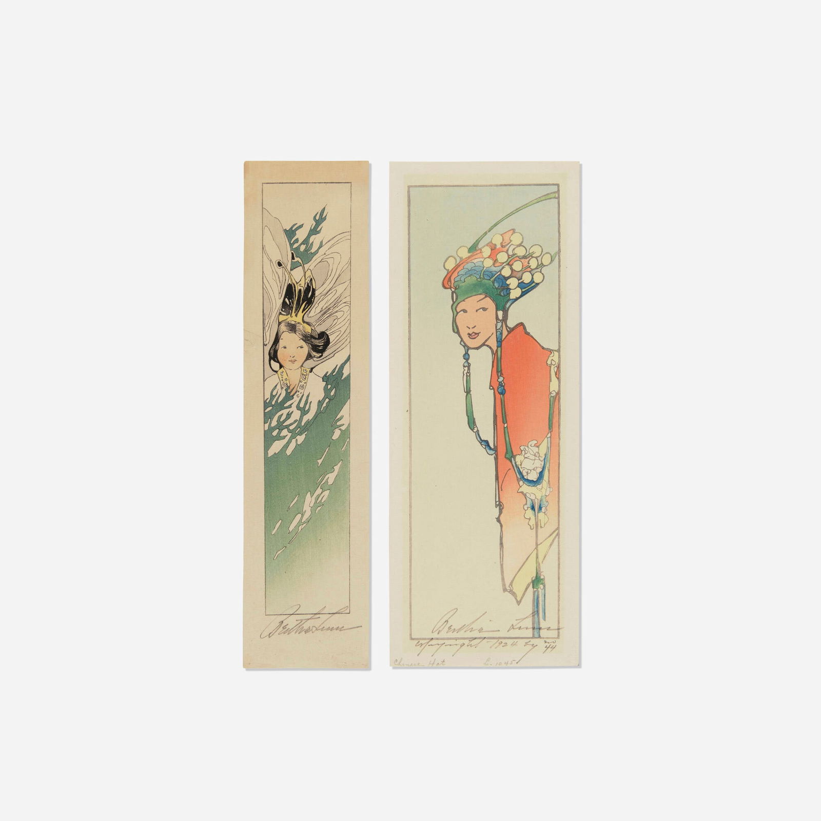 Bertha Lum, Chinese Hat; Pinetree Fairy (Christmas Fairy) (two works): Bertha Lum Chinese Hat; Pinetree Fairy (Christmas Fairy) (two works) 1916, 1924 woodcut in colors 10.375 h x 4 w in (26 x 10 cm) 10.5 h x 2.75 w in (27 x 7 cm) Signed, titled and notated to lower