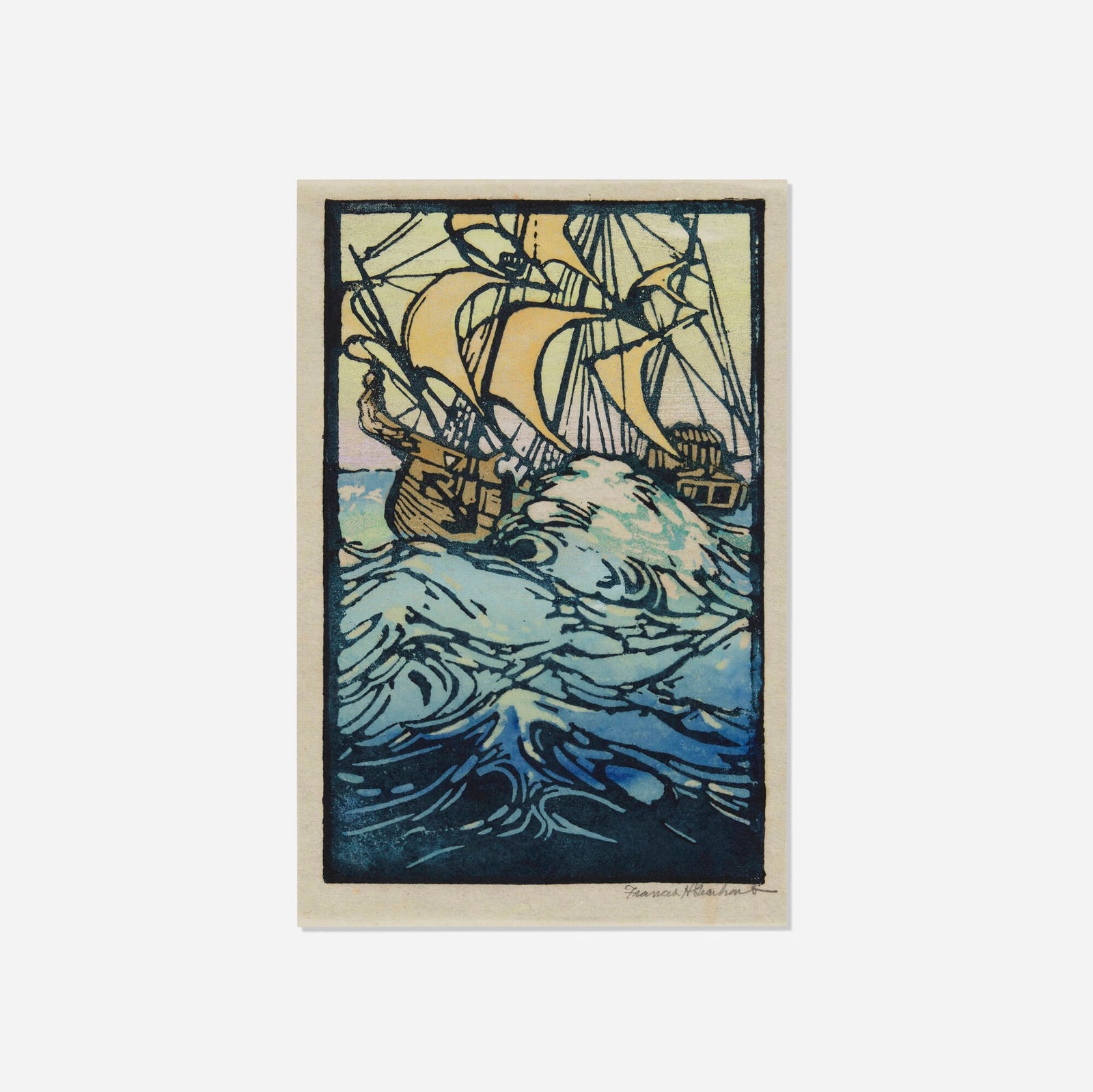 Frances Gearhart, Untitled (Galleon): Frances Gearhart Untitled (Galleon) c. 1930woodcut in colors image: 7.375 h x 4.75 w in (19 x 12 cm) sheet: 8 h x 5.375 w in (20 x 14 cm) Signed to lower margin 'Frances H. Gearhart'.