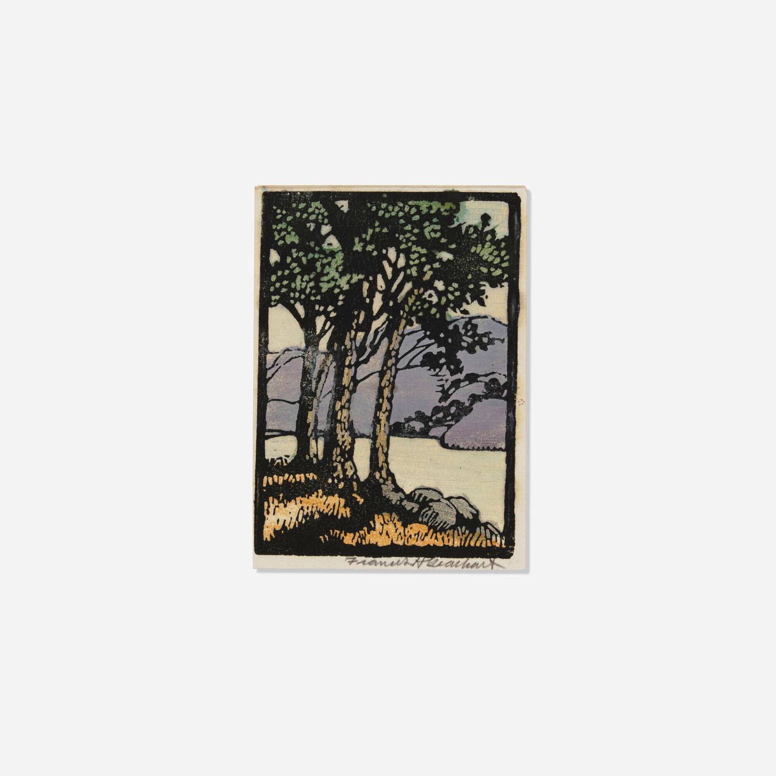Frances Gearhart, Untitled (Eucalyptus): Frances Gearhart Untitled (Eucalyptus) c. 1930woodcut in colors image: 5 h x 3.5 w in (13 x 9 cm) sheet: 7.5 h x 4.25 w in (19 x 11 cm) Signed to lower margin 'Frances H. Gearhart' with art