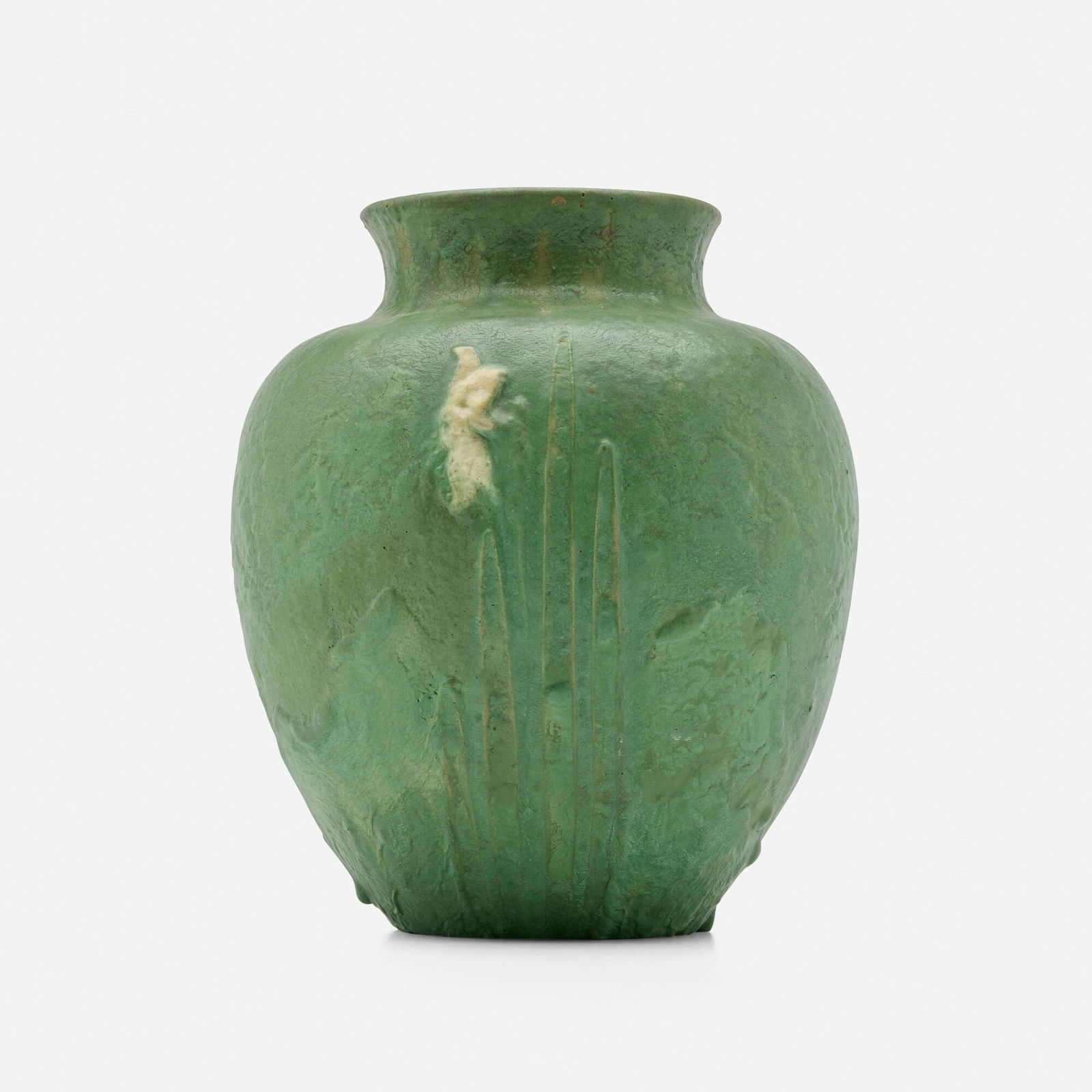 Wilhelmina Post for Grueby Faience Company, Fine vase with daffodils: Wilhelmina Post for Grueby Faience Company Fine vase with daffodils USA, 1898-1910 glazed earthenware 11 h x 8.75 dia in (28 x 22 cm) incised artist's cipher and number to underside 'WP 7/10' with