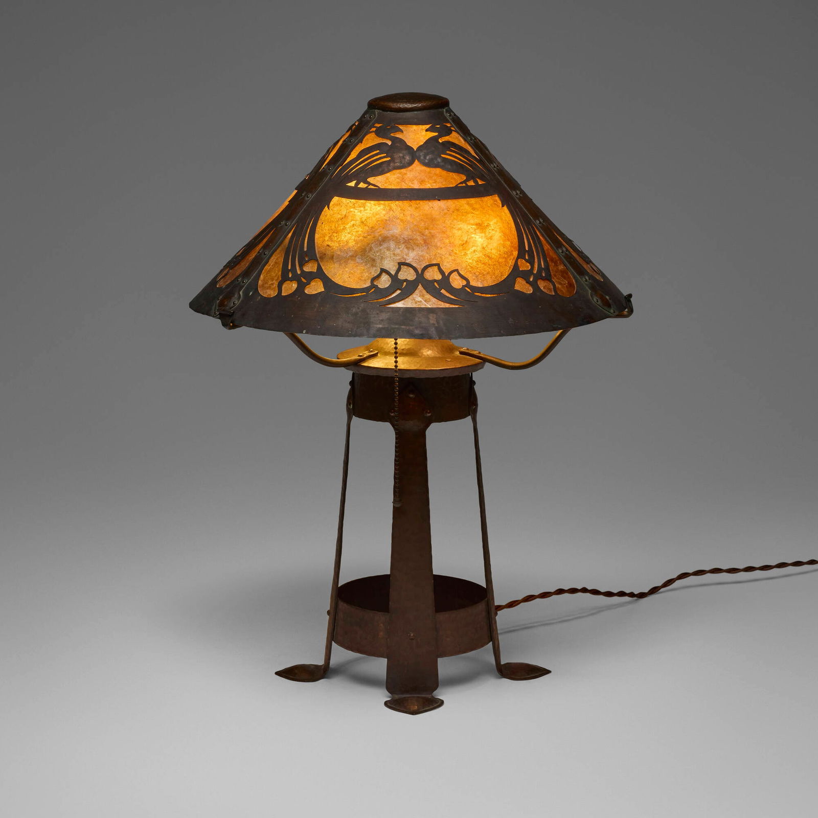 Limbert, Rare table lamp with peacocks: Limbert Rare table lamp with peacocks USA, c. 1910handwrought patinated copper, mica 20.25 h x 15 dia in (51 x 38 cm) Provenance: Collection of Gary Diamond, Los Angeles