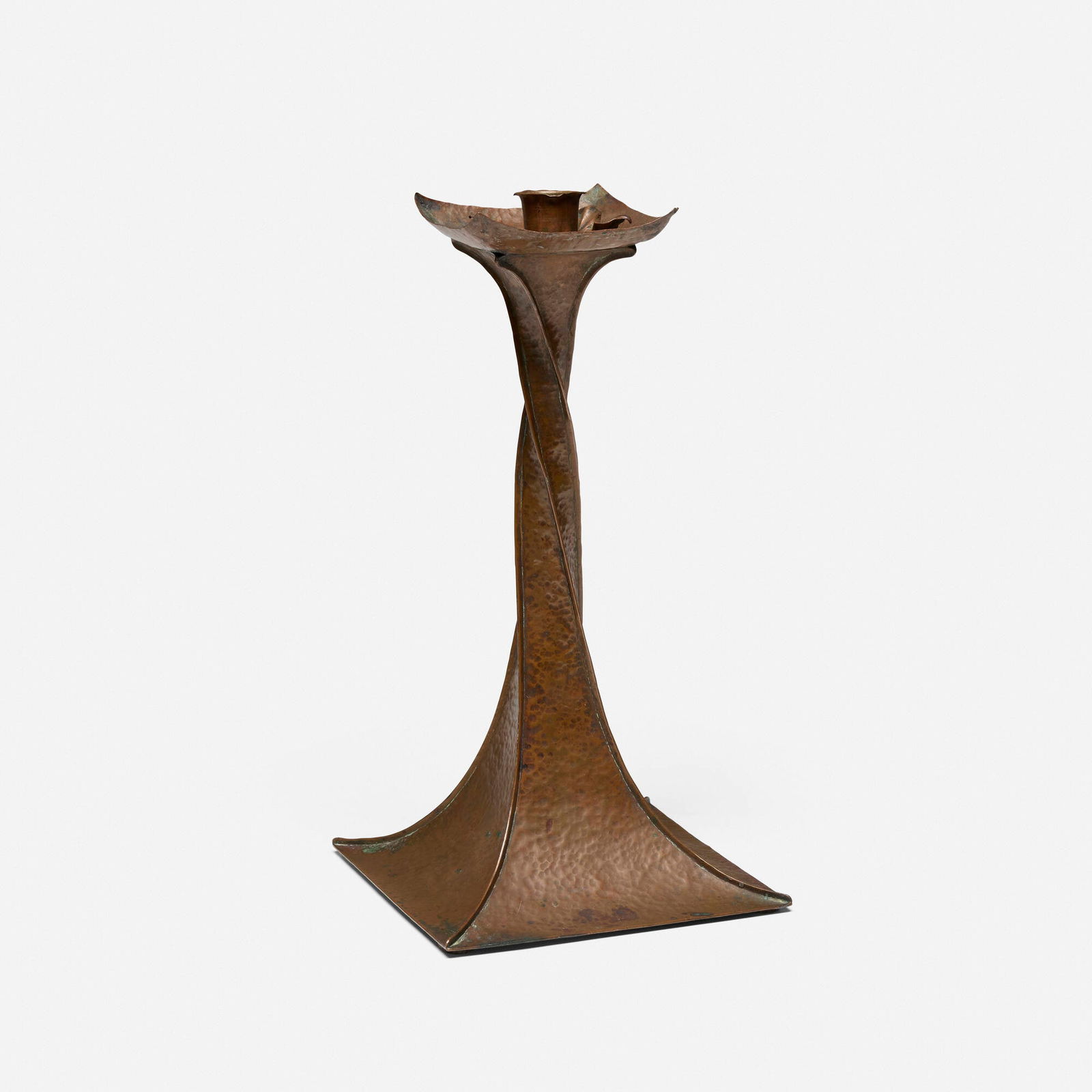 Charles Frederick Eaton, attribution, Candlestick: Charles Frederick Eaton, attribution Candlestick USA, c. 1910 handwrought copper 11 h x 5.5 w x 5.75 d in (28 x 14 x 15 cm) Candlestick features a twisted stem and applied foliage to drip pan. 