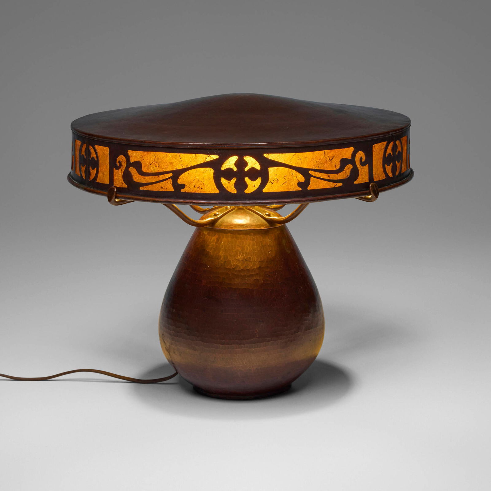 Dirk van Erp, Rare flat-top boudoir lamp: Dirk van Erp Rare flat-top boudoir lamp USA, c. 1911handwrought patinated copper, mica 12.5 h x 15 dia in (32 x 38 cm) Lamp features shade by Auguste Tiessellink with flattened top and decorat