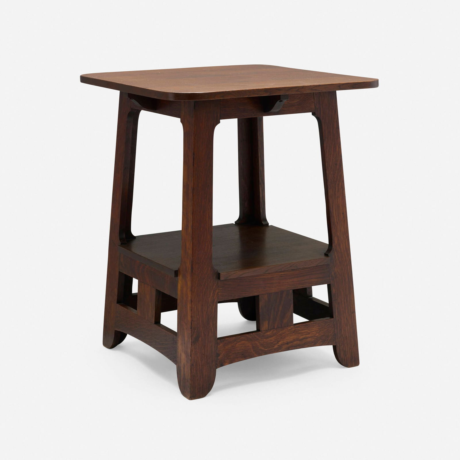 Brooks Manufacturing Co., Pagoda table: Brooks Manufacturing Co. Pagoda table USA, c. 1912 oak 30 h x 24 w x 24 d in (76 x 61 x 61 cm) Provenance: Collection of Gary Diamond, Los Angeles This work will ship from Chicago, Illinois.