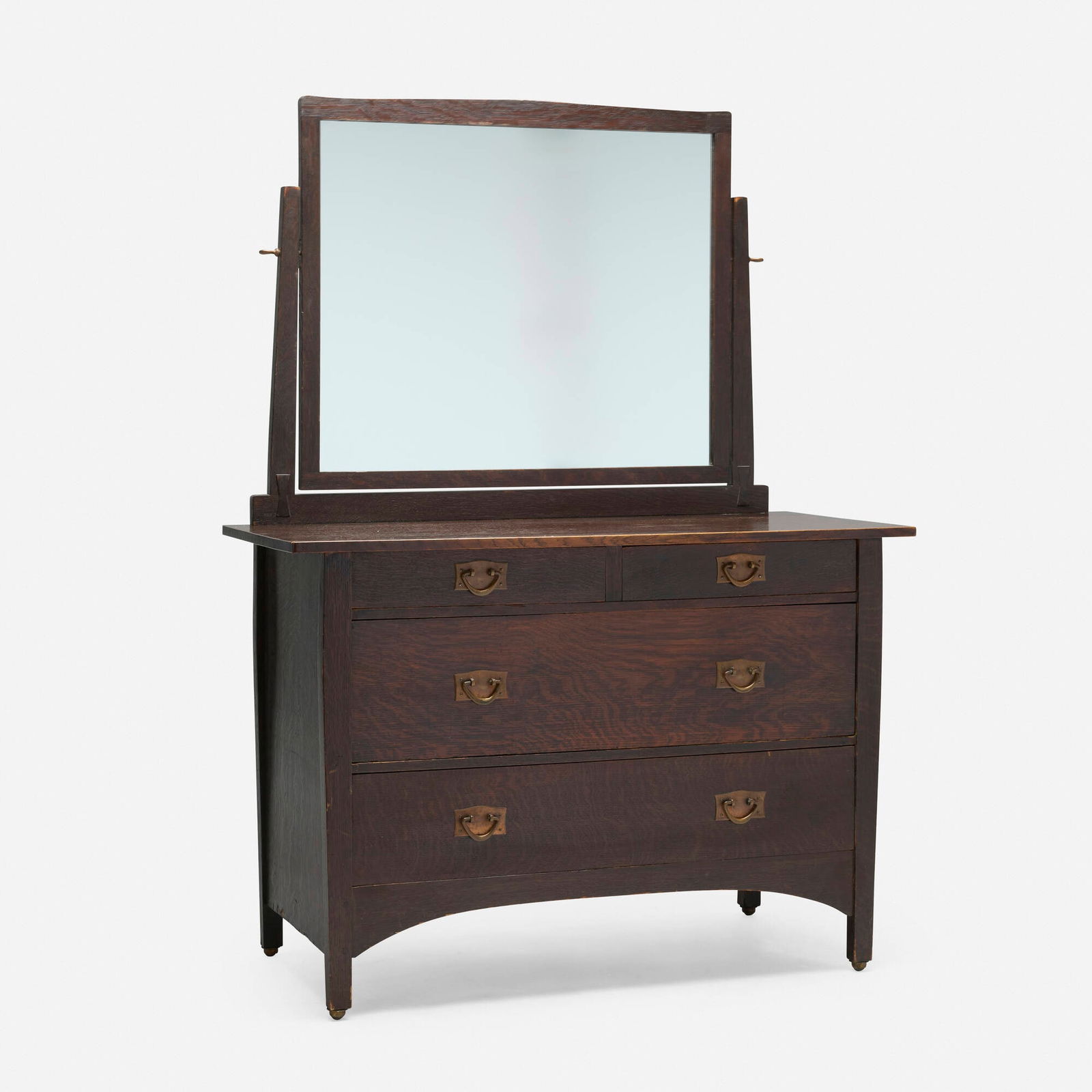 Gustav Stickley, Dresser with mirror, model 911: Gustav Stickley Dresser with mirror, model 911 USA, c. 1904oak, mirrored glass, copper 66.5 h x 47.75 w x 22 d in (169 x 121 x 56 cm) Dresser features four drawers. Red manufacturer's decal to