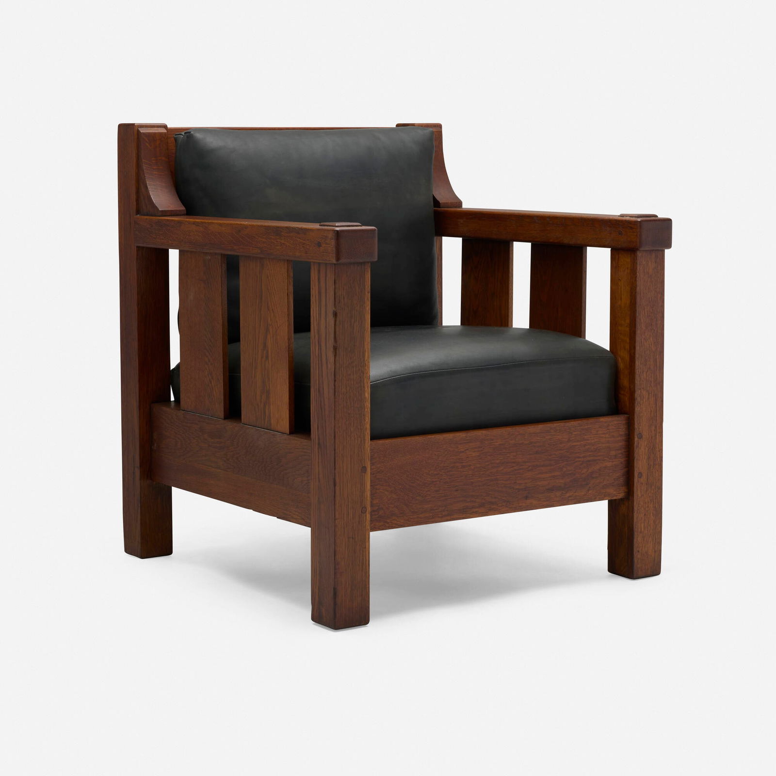 Lifetime, Cube chair, model 688 1/2: Lifetime Cube chair, model 688 1/2 USA, c. 1910 oak, leather 32 h x 28 w x 30 d in (81 x 71 x 76 cm) Paper manufacturer's label to underside 'Lifetime Furniture Grand Rapids Bookcase & Chair Co.