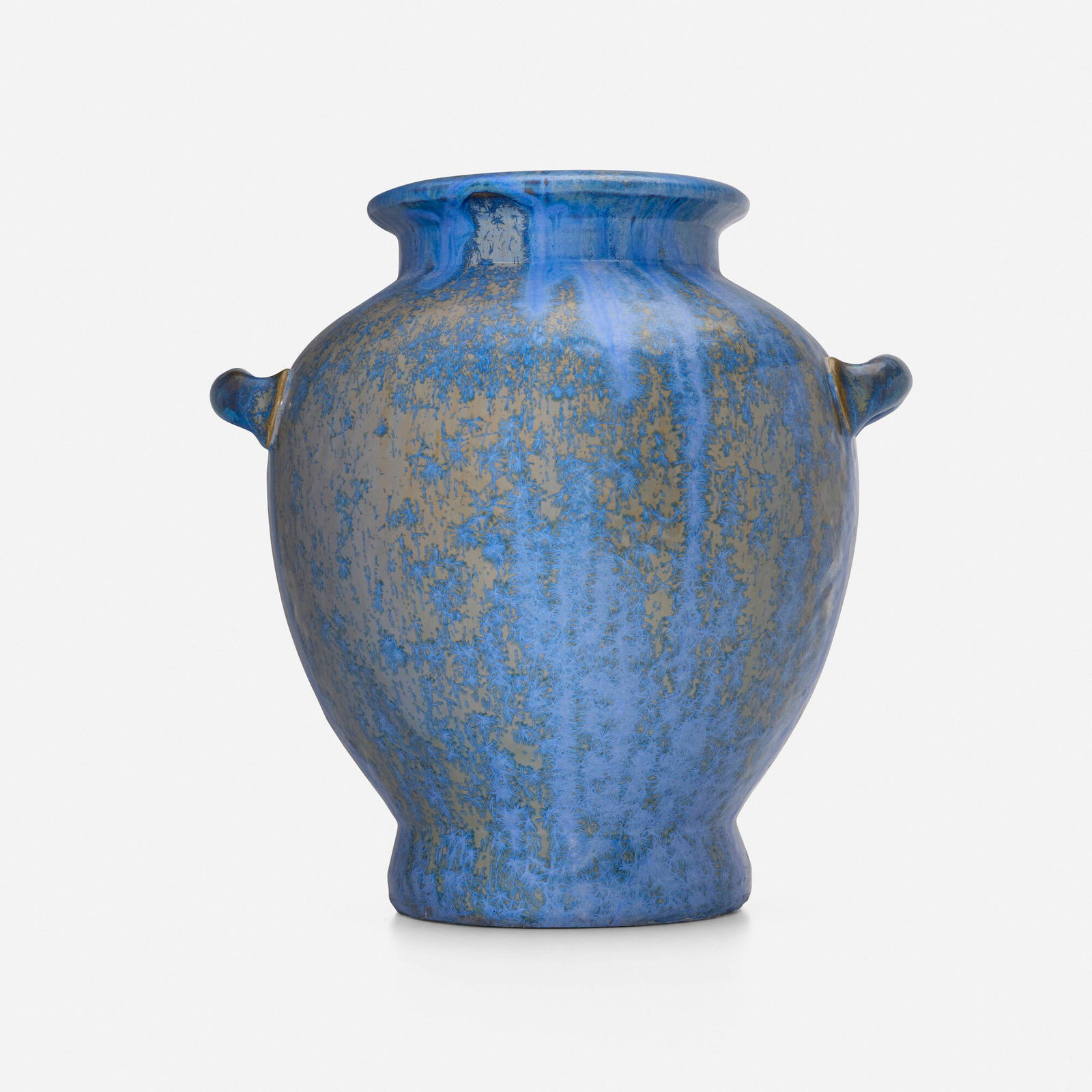 Fulper Pottery, Vase with two handles: Fulper Pottery Vase with two handles USA, c. 1917-34 Blue Flambe crystalline-glazed stoneware 12 h x 12 dia in (30 x 30 cm) Glazed-over stamped manufacturer's mark to underside. Decal label to