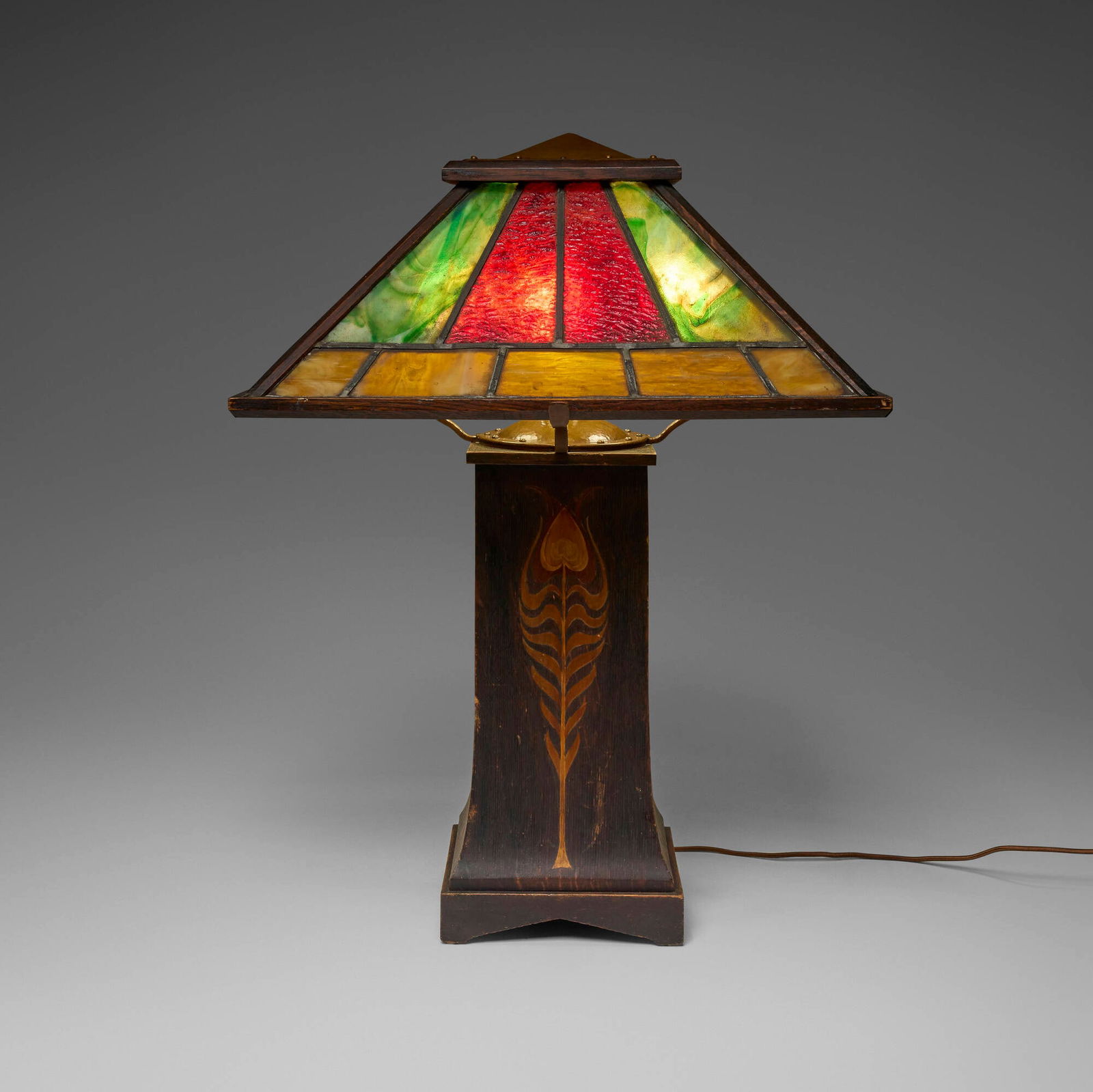 Shop of the Crafters, Rare and Large Mission library lamp with inlaid peacock feather motif, model (1 of 5)