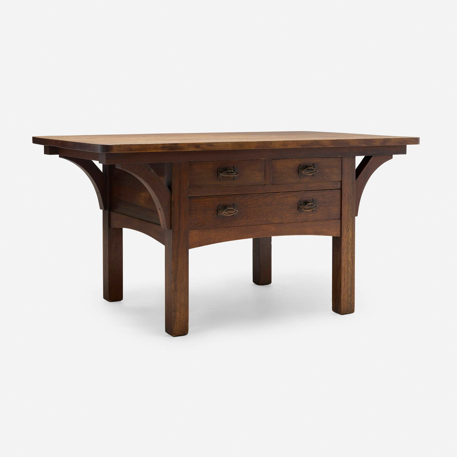 Limbert, Partners desk, model 135: Limbert Partners desk, model 135 USA, c. 1910 oak, copper 29.5 h x 57 w x 36 d in (75 x 145 x 91 cm) Desk features five drawers. Stamped number to underside 'No 135'. Provenance: Collection of