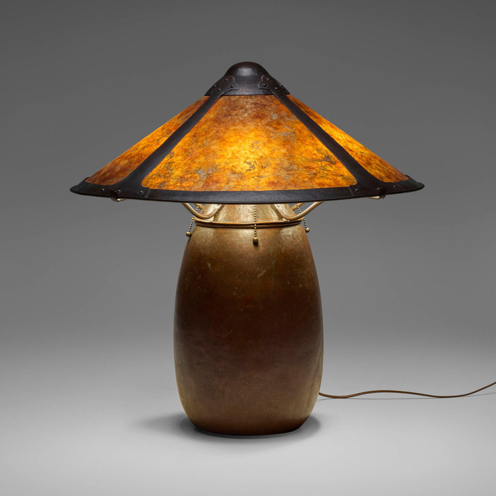Dirk van Erp, Early and Large table lamp base with contemporary shade: Dirk van Erp Early and Large table lamp base with contemporary shade USA, c. 1908-10 handwrought patinated copper, mica 24.75 h x 23.75 dia in (63 x 60 cm) Impressed manufacturer's mark to