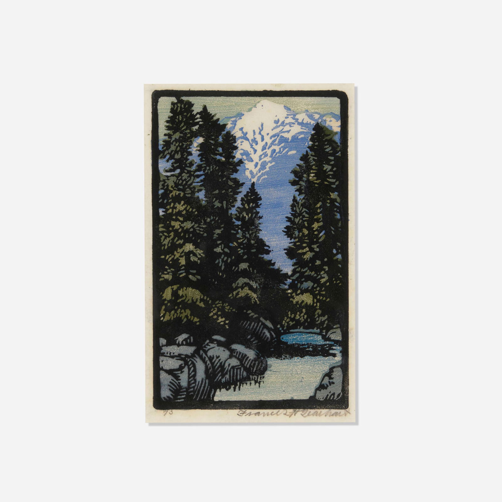 Frances Gearhart, San Jacinto: Frances Gearhart San Jacinto c. 1926 woodcut in colors image: 6.5 h x 4 w in (17 x 10 cm) sight: 7 h x 4.375 w in (18 x 11 cm) Signed and inscribed to lower margin '73 Frances H. Gearhart'. 