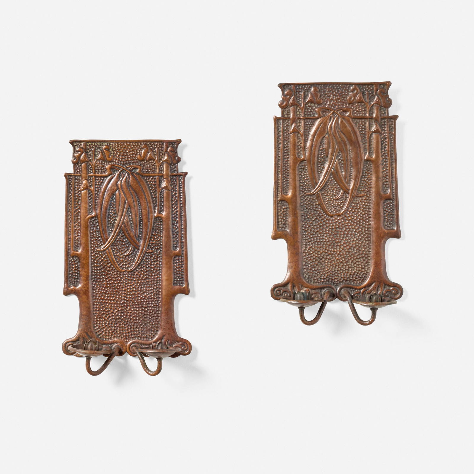 Charles Frederick Eaton, attribution, Sconces with eucalyptus, pair: Charles Frederick Eaton, attribution Sconces with eucalyptus, pair USA, c. 1910 handwrought copper 15 h x 8.5 w x 3.5 d in (38 x 22 x 9 cm) This work will ship from Los Angeles, California.