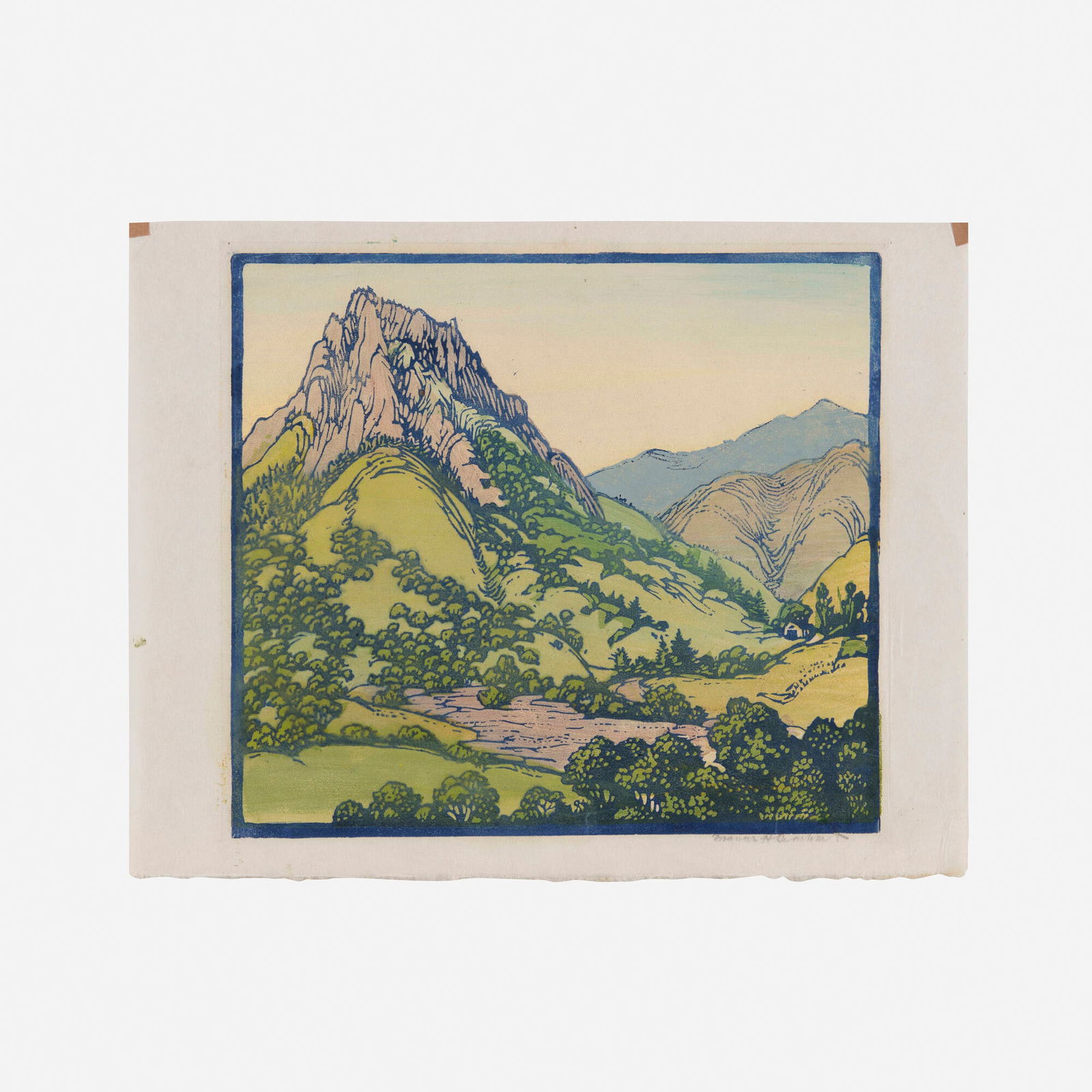 Frances Gearhart, Untitled (Homestead in the Mountains): Frances Gearhart Untitled (Homestead in the Mountains) c. 1930 woodcut in colors image: 10 h x 11.125 w in (25 x 28 cm) sheet: 11.375 h x 14.5 w in (29 x 37 cm) Signed to lower margin 'Frances H.