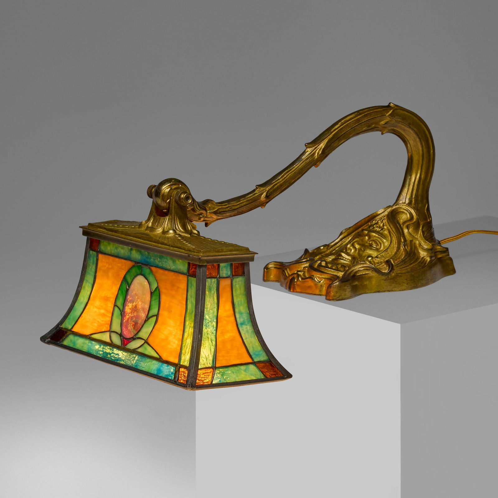 Arts & Crafts, Piano lamp with Art Nouveau figural base: Arts & Crafts Piano lamp with Art Nouveau figural base c. 1905 slag glass, gilt bronze 17 h x 7 w x 9 d in (43 x 18 x 23 cm) This work will ship from Chicago, Illinois.