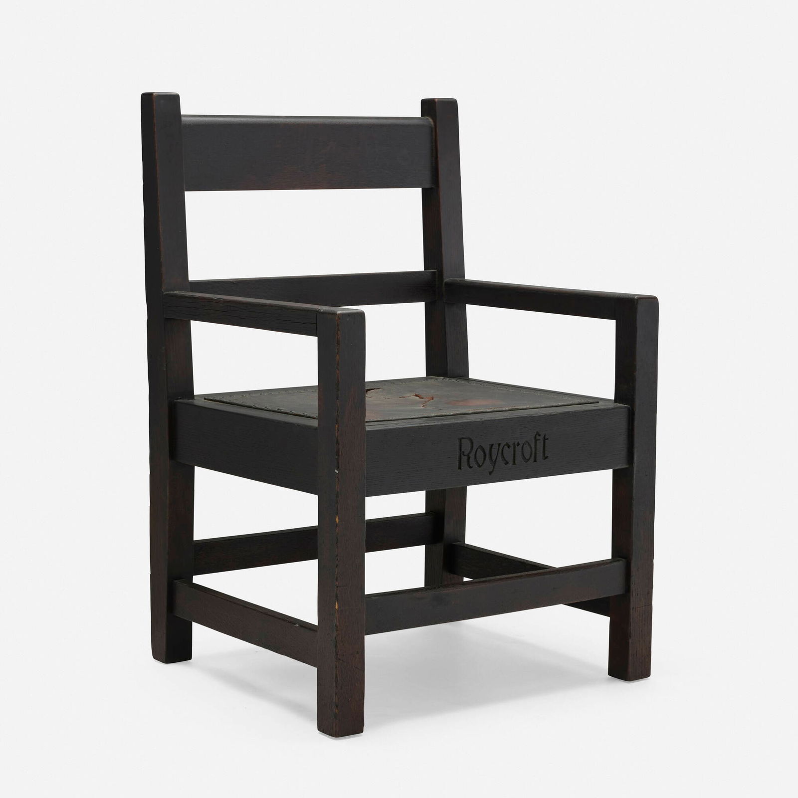 Roycroft, Armchair, model 28: Roycroft Armchair, model 28 USA, c. 1906 oak, brass, leather 38 h x 25 w x 22.5 d in (97 x 63 x 57 cm) Carved script signature to front 'Roycroft'. Literature: Roycroft Furniture, 1906 catalog