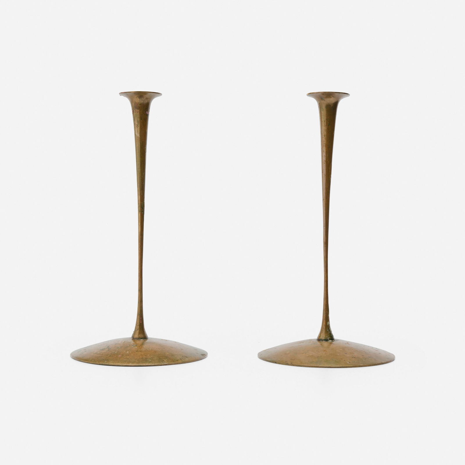 Jessie Preston, Candlesticks model 3, pair: Jessie Preston Candlesticks model 3, pair USA, c. 1915 brass 14 h x 7.25 dia in (36 x 18 cm) Provenance: Collection of Robert Henry Adams Literature: The Jarvie Shop, Maher, pg. 121 This work