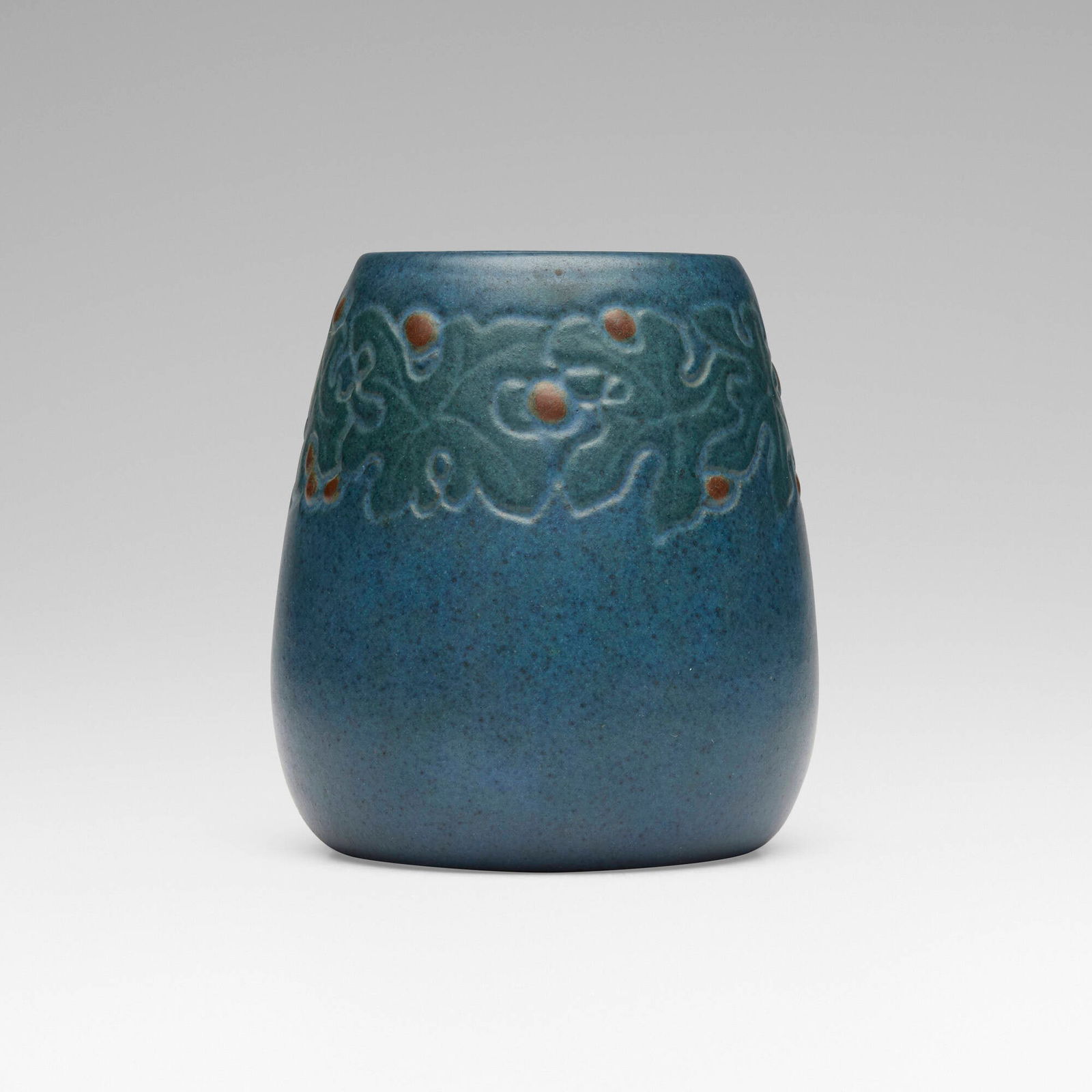 Marblehead Pottery, Vase with leaves and berries: Marblehead Pottery Vase with leaves and berries USA, 1908-20 glazed earthenware 3.5 h x 3.25 dia in (9 x 8 cm) Impressed manufacturer's mark to underside 'MP' with ship symbol. Provenance: