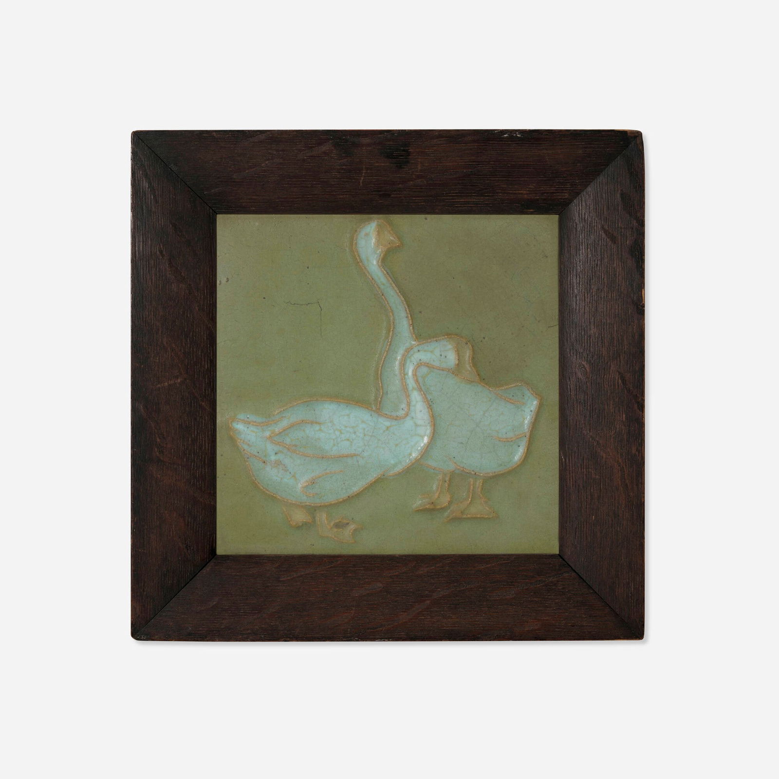 Rookwood Faience, Architectural tile with geese: Rookwood Faience Architectural tile with geese USA, c. 1915 glazed earthenware sight: 8 h x 8 w in (20 x 20 cm) Original paper label to reverse. This work will ship from Chicago, Illinois.