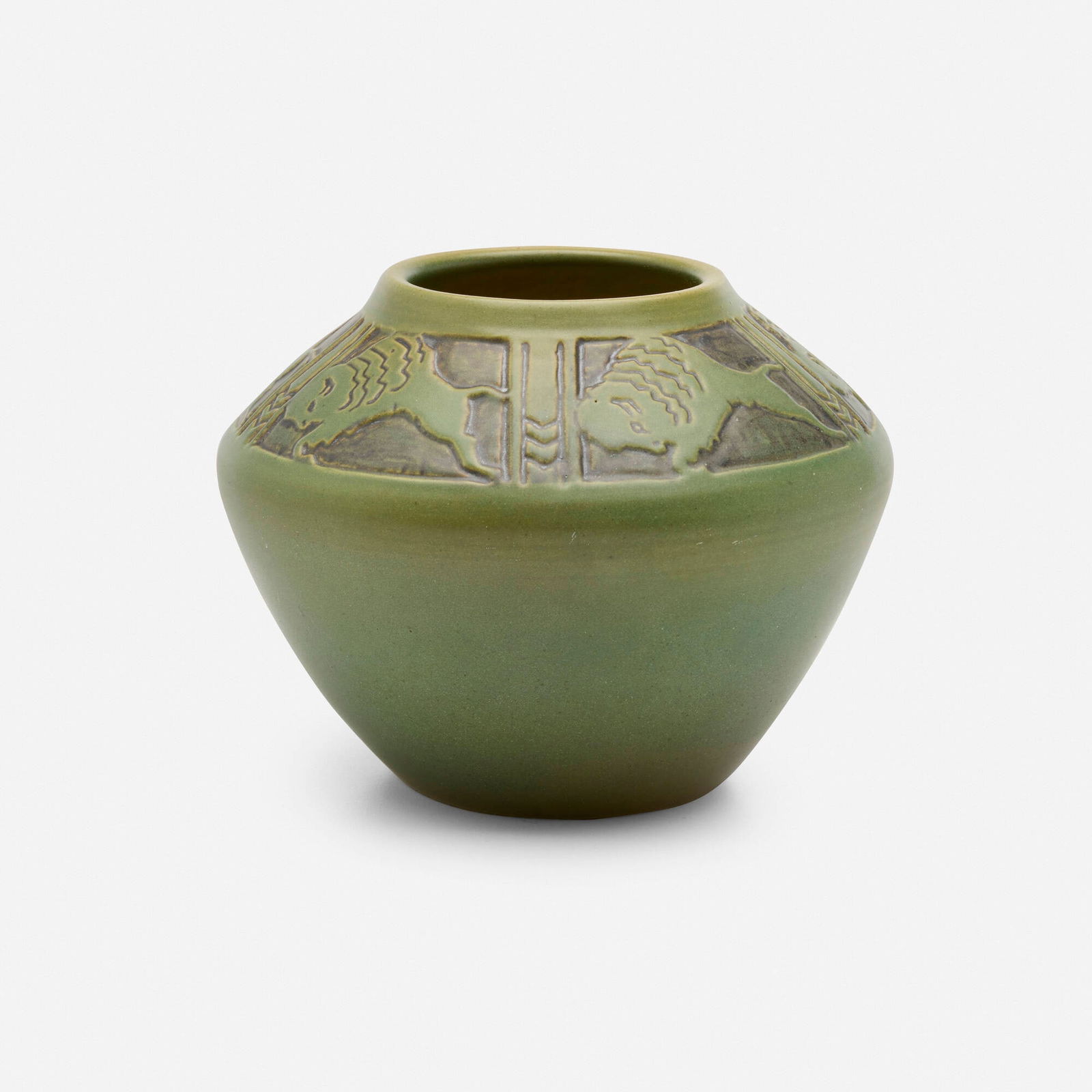 Margaret Cable for North Dakota School of Mines, Bison vase: Margaret Cable for North Dakota School of Mines Bison vase USA, c. 1940 glazed earthenware 5 h x 6.5 dia in (13 x 17 cm) Stamped manufacturer's mark to underside 'University of North Dakota Made