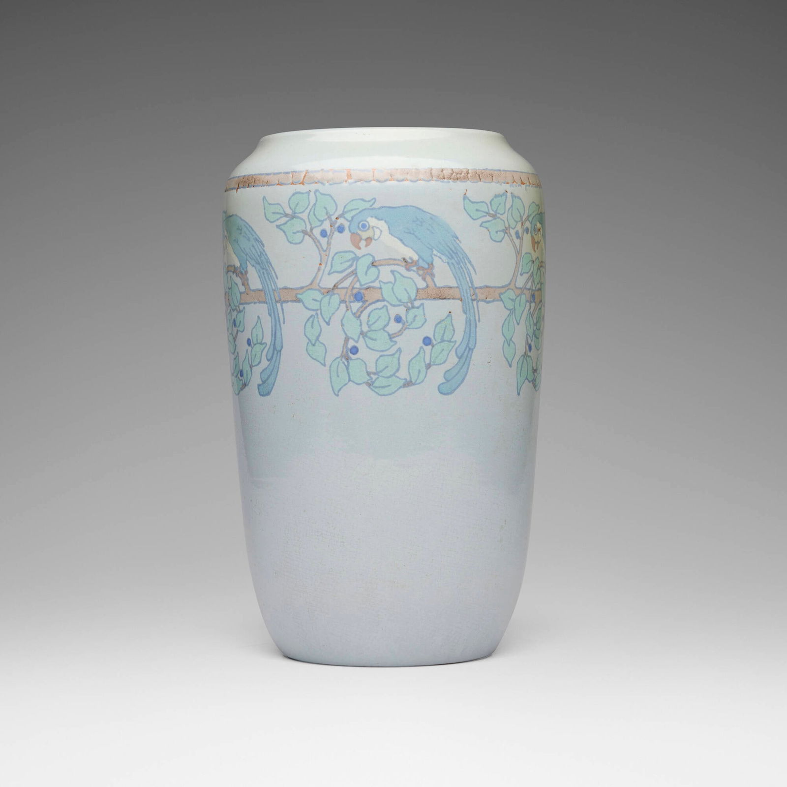Arthur Baggs and Sarah Tutt for Marblehead Pottery, Vase with parrots and tree: Arthur Baggs and Sarah Tutt for Marblehead Pottery Vase with parrots and tree USA, 1911 glazed earthenware 11.75 h x 7.25 dia in (30 x 18 cm) Impressed manufacturer's mark to underside 'MP' with