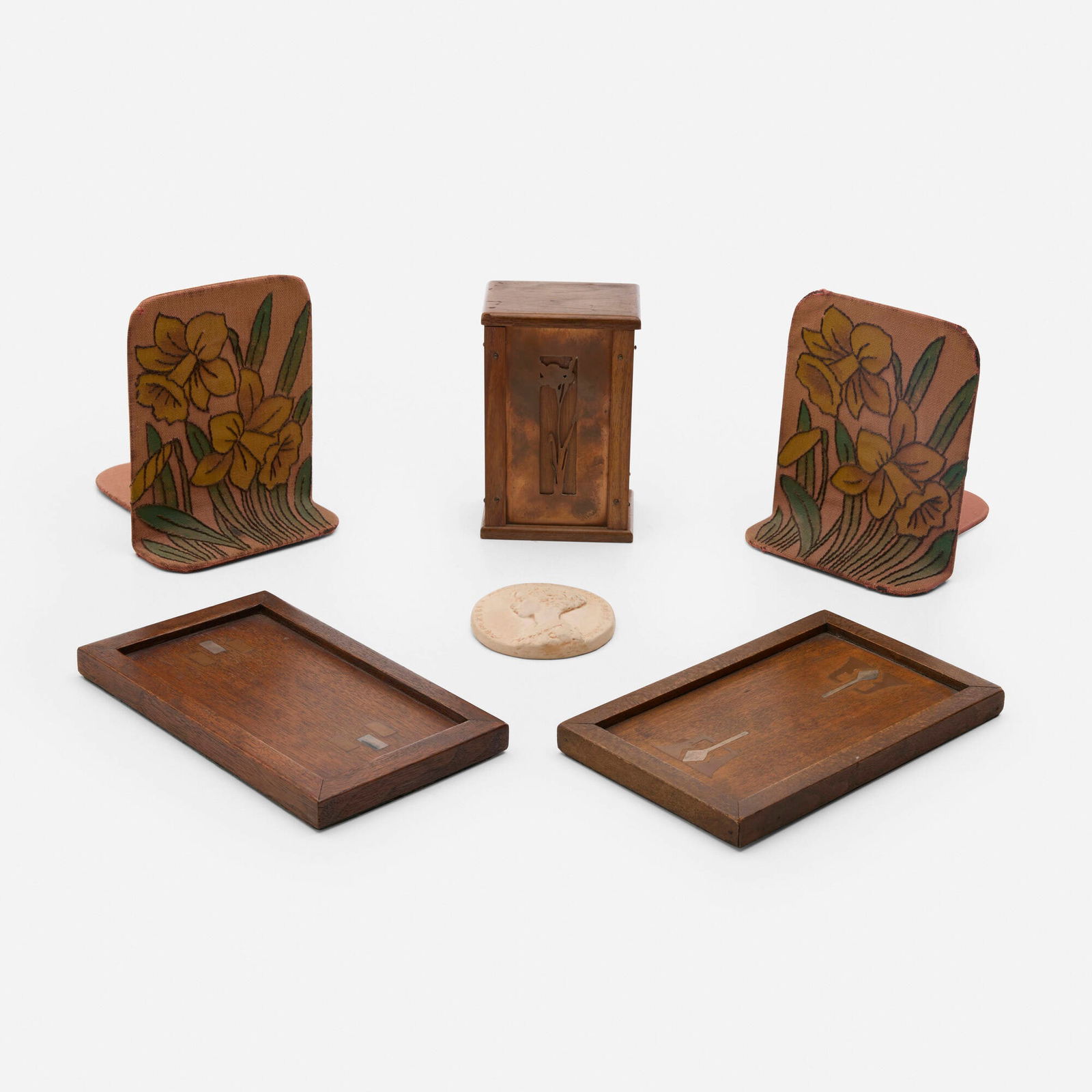 Handicraft Shop and Marblehead Pottery, Collection of six table articles: Handicraft Shop and Marblehead Pottery Collection of six table articles USA, c. 1904-08, 1931 embroidered fabric over steel. copper, metal, walnut, earthenware largest: 5.5 h x 4.75 w x 6 d in (14