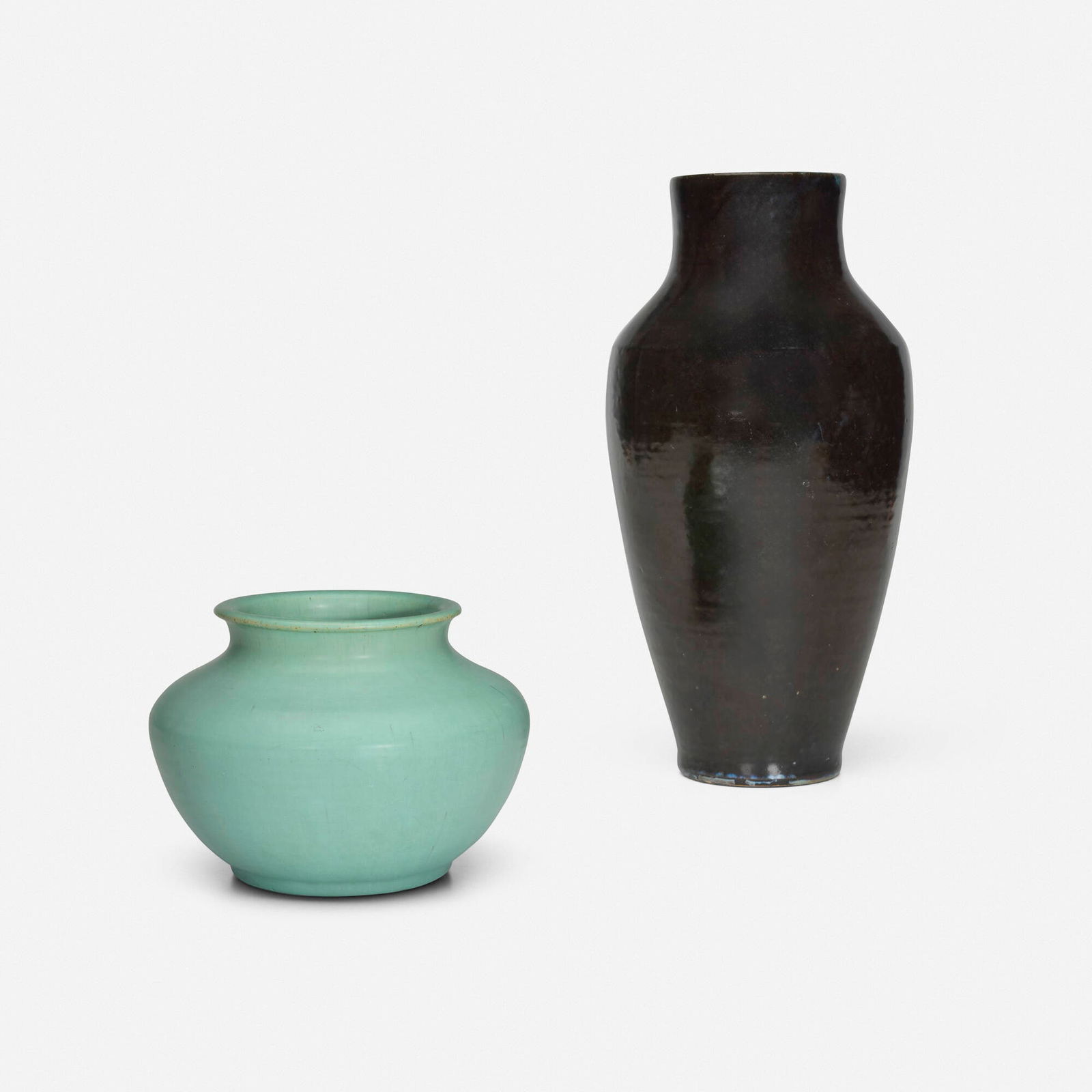 Pewabic Pottery, Vases, set of two: Pewabic Pottery Vases, set of two USA, 1915-30 glazed earthenware 5.25 h x 7.5 dia in (13 x 19 cm) 13.25 h x 6.5 dia in (34 x 17 cm) Impressed circular manufacturer's mark to underside of each