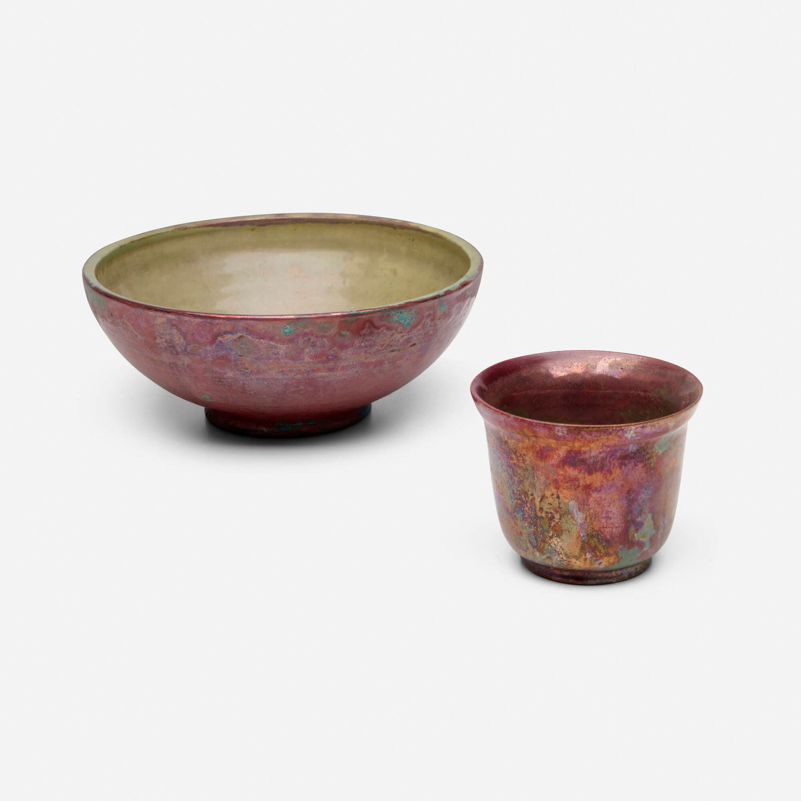 Pewabic Pottery, Vase and bowl: Pewabic Pottery Vase and bowl USA, 1915-30iridescent-glazed earthenware 3.5 h x 4.25 dia in (9 x 11 cm) 3.75 h x 9 dia in (10 x 23 cm) Impressed glazed-over circular manufacturer's mark to