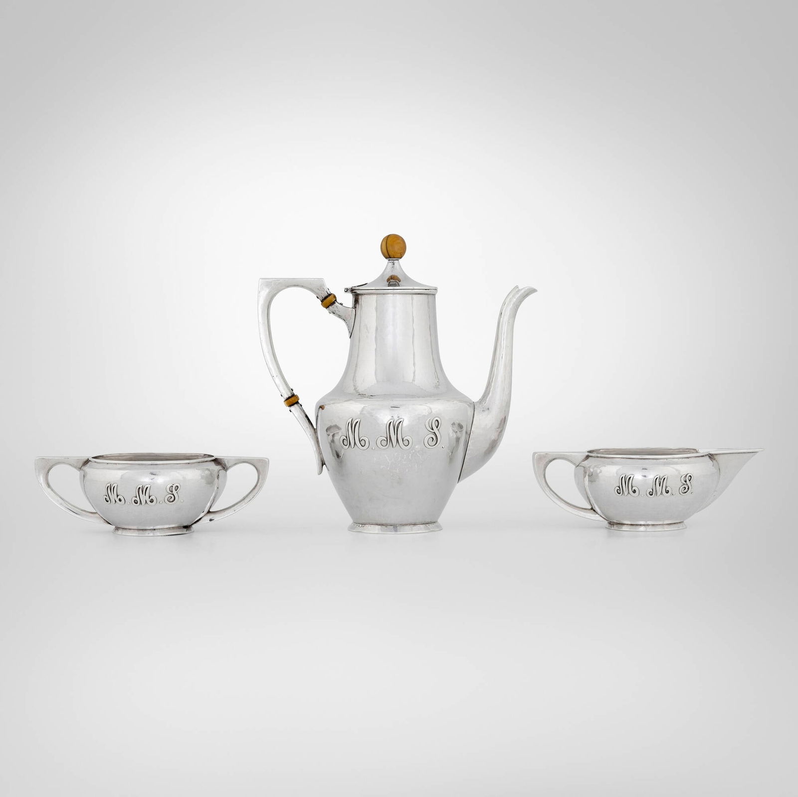 Chicago School Arts & Crafts, Three-piece coffee service: Chicago School Arts & Crafts Three-piece coffee service USA, c. 1912-16 sterling silver, bone teapot: 7.5 h x 7 w x 4 d in (19 x 18 x 10 cm) sugar bowl: 2 h x 5.75 w x 3.75 d in (5 x 15 x 10 cm)