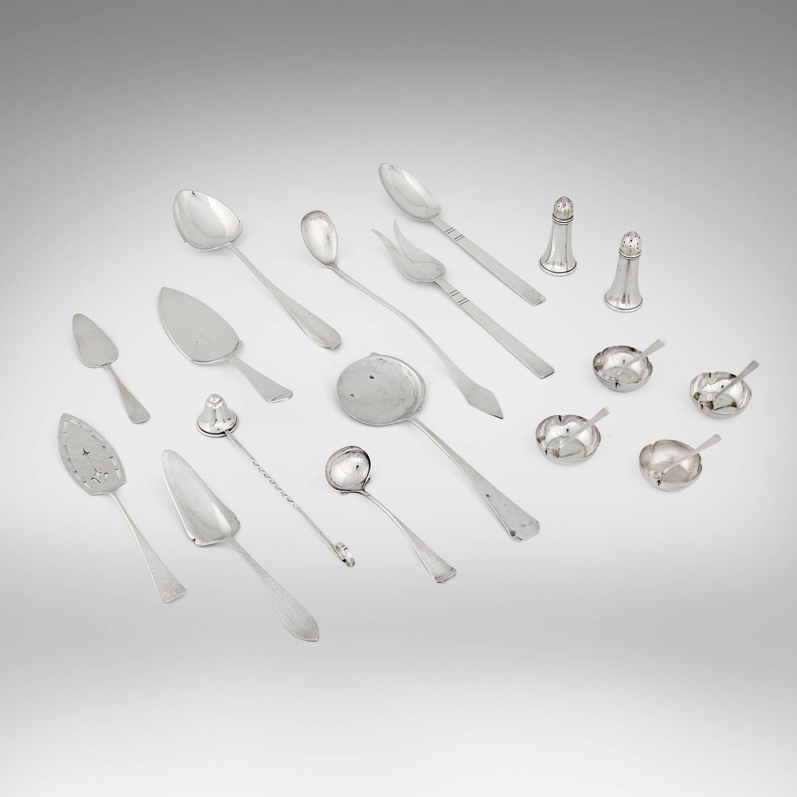 Chicago School Arts & Crafts, Collection of table and serving articles: Chicago School Arts & Crafts Collection of table and serving articles USA, first half of the 20th century sterling silver largest: 1.5 h x 11 w x 2.625 d in (4 x 28 x 7 cm) smallest: 0.25 h x 3 w x