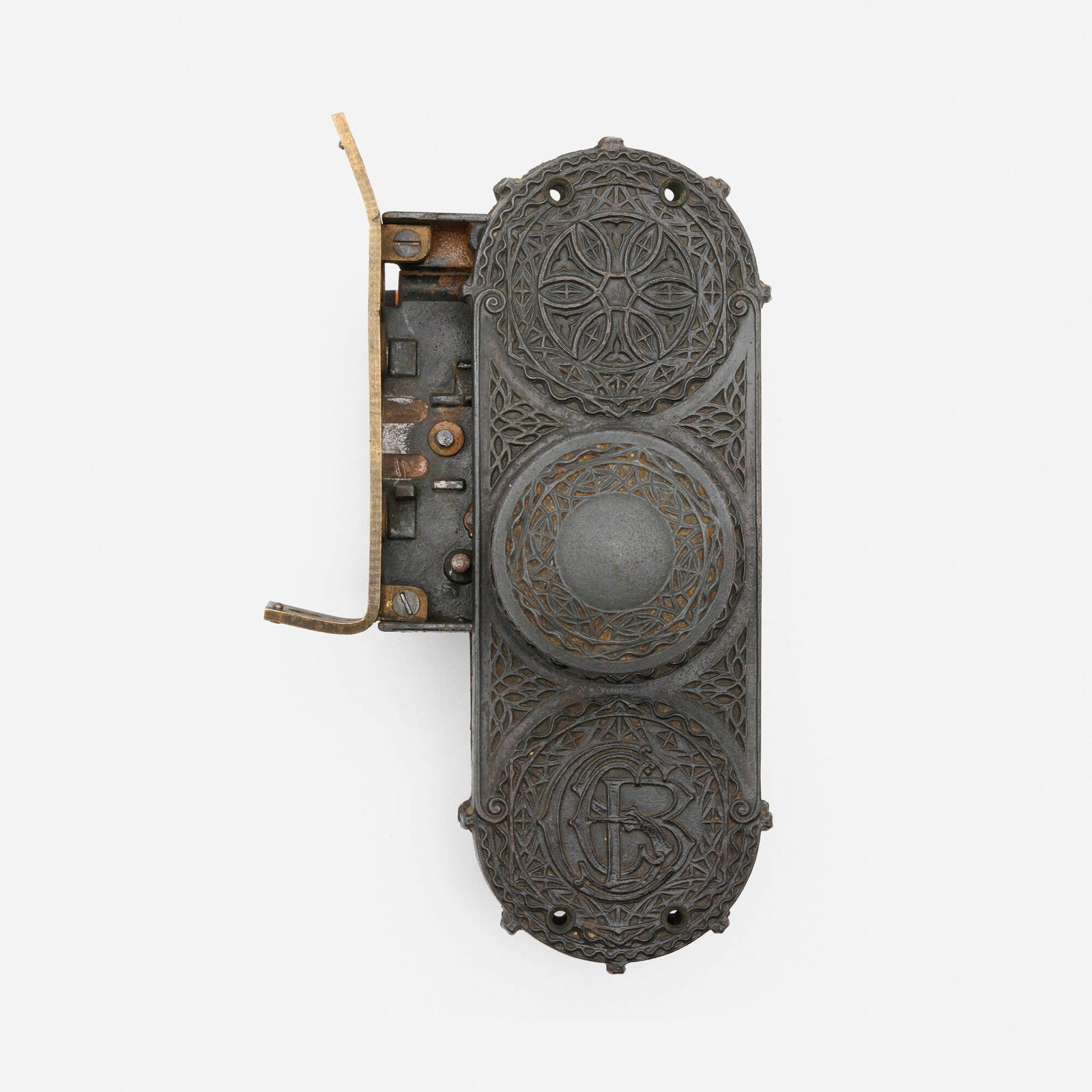 Dankmar Adler and Louis Sullivan, Door knobs and back plates from the Chicago Stock Exchange: Dankmar Adler and Louis Sullivan Door knobs and back plates from the Chicago Stock Exchange Building Yale & Towne Manufacturing Company USA, c. 1893 Bower-Barff-finished cast iron 10 h x 5 w x 4 d