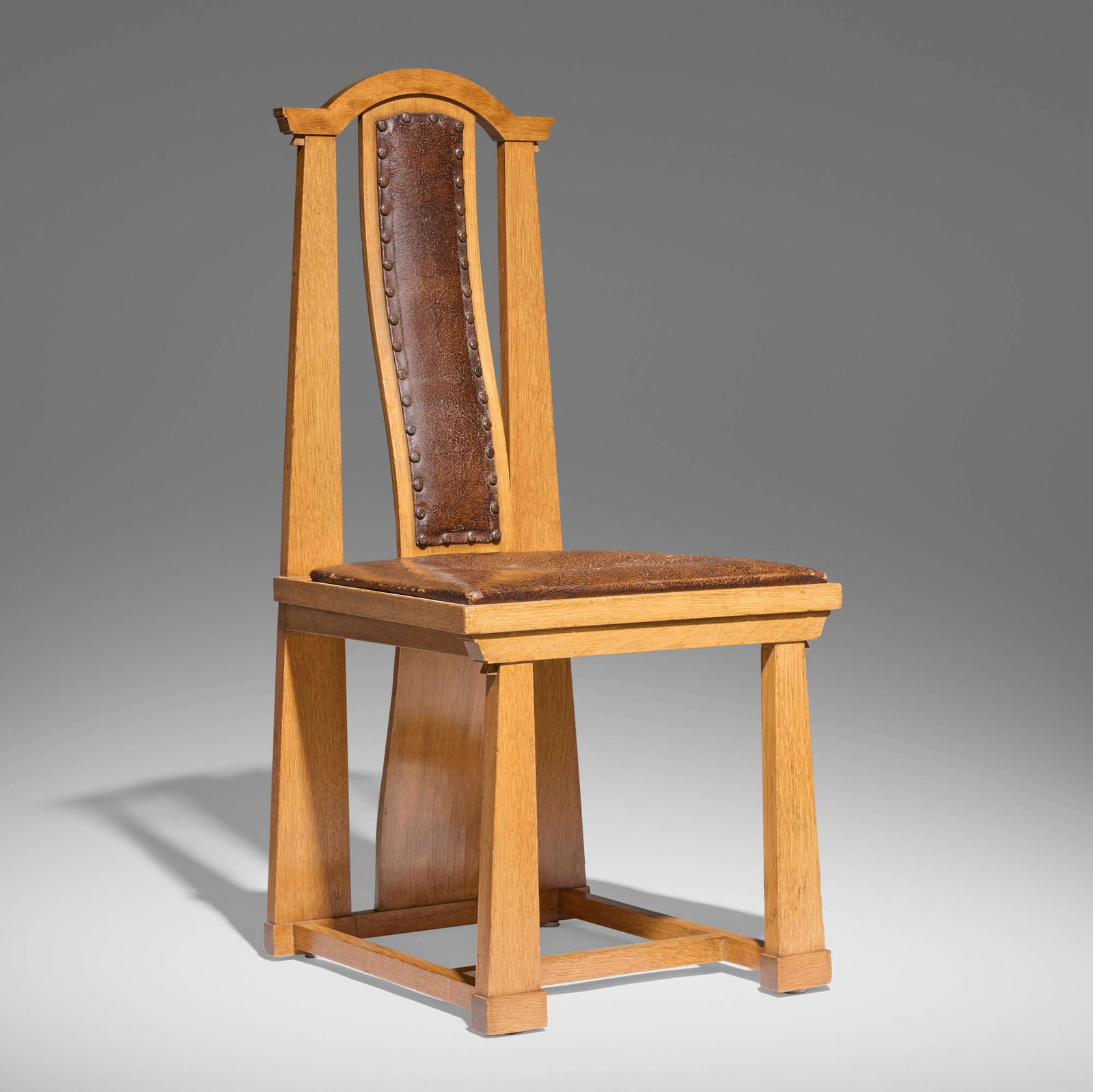 George Washington Maher, Dining chair from Rockledge, the E.L. King House, Homer, Minnesota: George Washington Maher Dining chair from Rockledge, the E.L. King House, Homer, Minnesota USA, c. 1912 oak, leather upholstery, copper 41 h x 18.75 w x 20.375 d in (104 x 48 x 52 cm) Provenance: