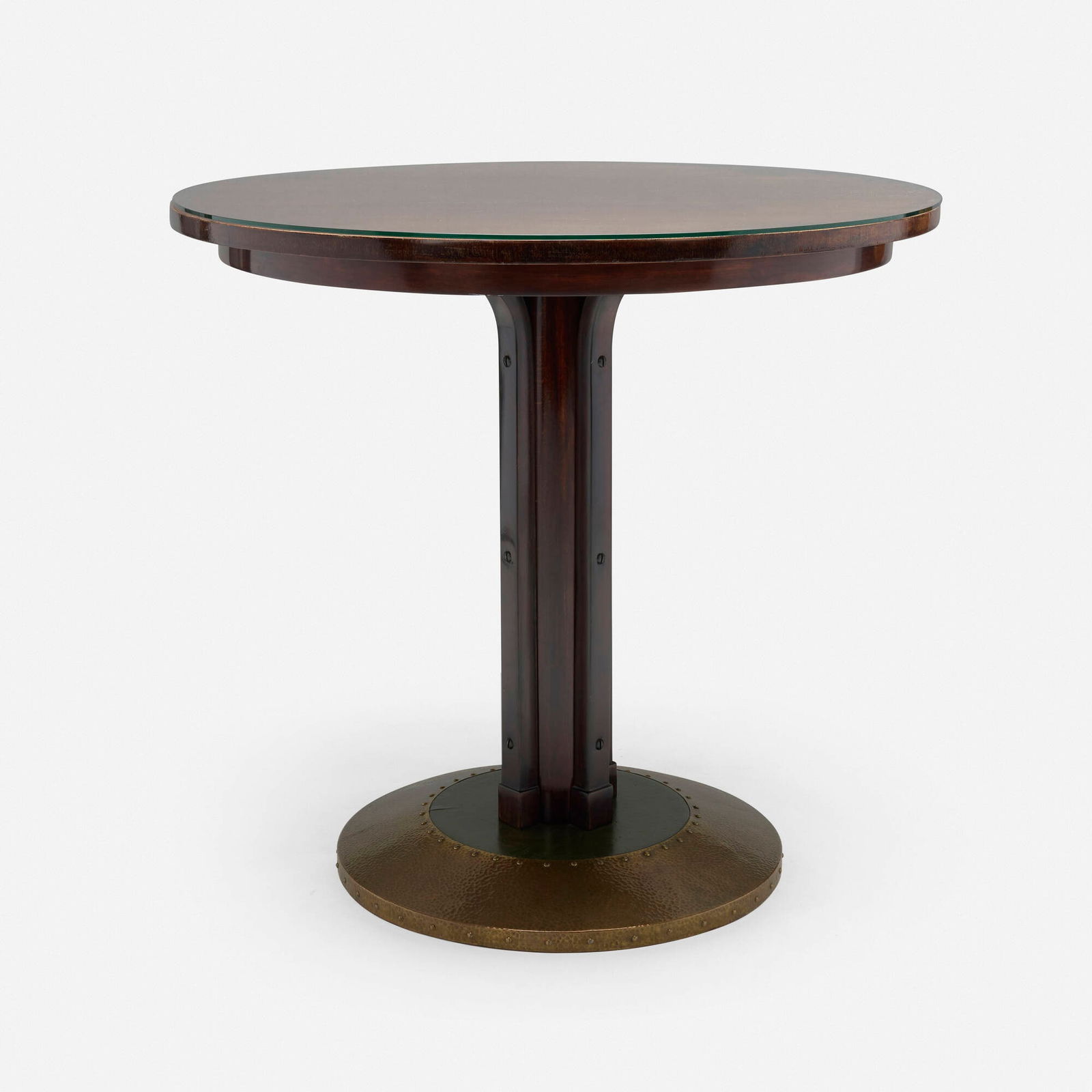 Josef Hoffmann, Table, model 1263: Josef Hoffmann Table, model 1263 Thonet Austria, c. 1905 mahogany, stained beech, handwrought brass, lacquered leather 29.875 h x 31.625 dia in (76 x 80 cm) Paper manufacturer's label to underside