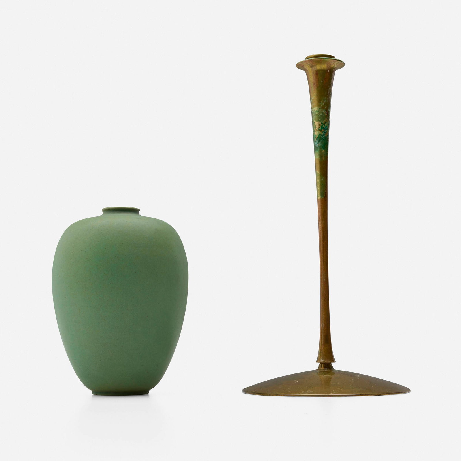 Fritz Albert for Teco Pottery and Jessie Preston, Vase and candlestick: Fritz Albert for Teco Pottery and Jessie Preston Vase and candlestick USA, c. 1904-15glazed earthenware, brass 14.5 h x 7 dia in (37 x 18 cm) 8 h x 6 dia in (20 x 15 cm) Set is comprised of