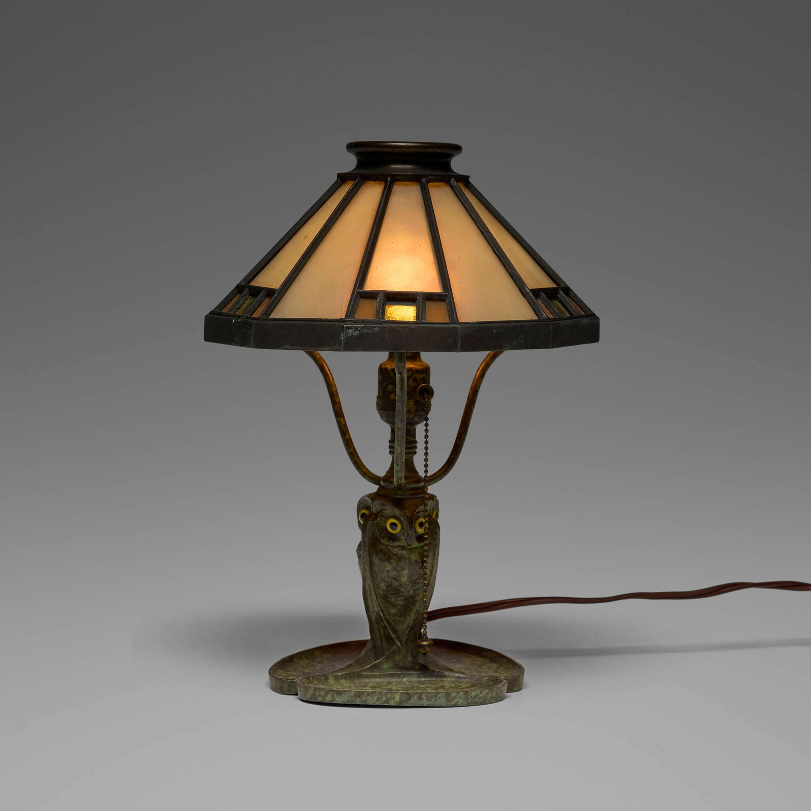 Bradley & Hubbard, Owl boudoir lamp: Bradley & Hubbard Owl boudoir lamp USA, c. 1910 cold-painted bronze with Frog Skin patina, colored glass, glass with iridescent accent 10.25 h x 7.25 dia in (26 x 18 cm) Cast manufacturer's mark