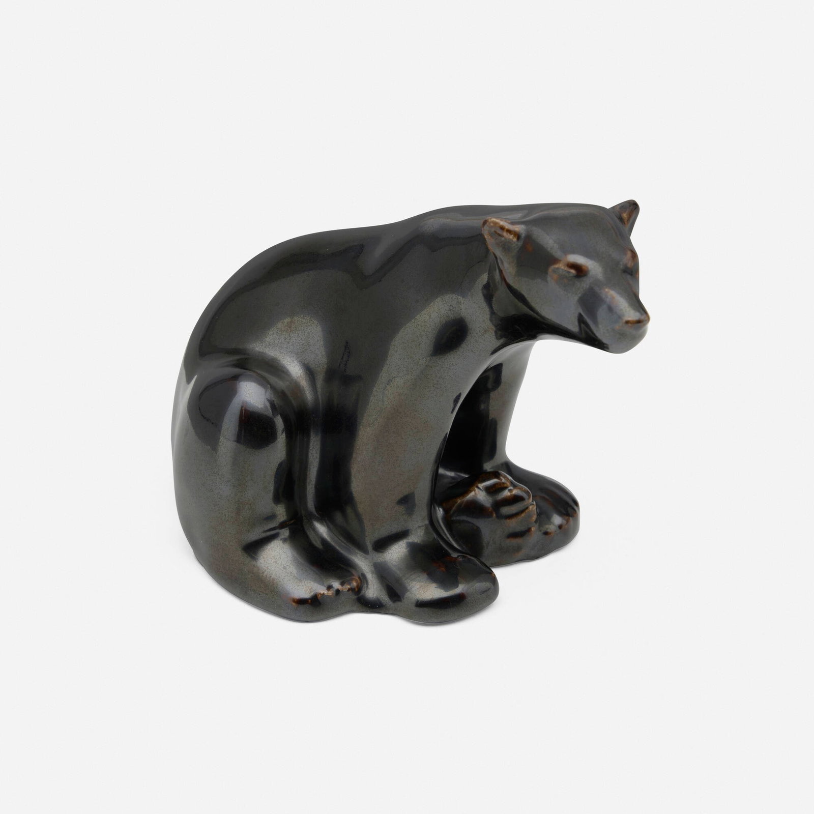 Louise Abel for Rookwood Pottery, Nubian Black production seated polar bear paperweight: Louise Abel for Rookwood Pottery Nubian Black production seated polar bear paperweight USA, 1949 glazed porcelain 4 h x 5.375 w x 3.5 d in (10 x 14 x 9 cm) Impressed manufacturer's mark, date,