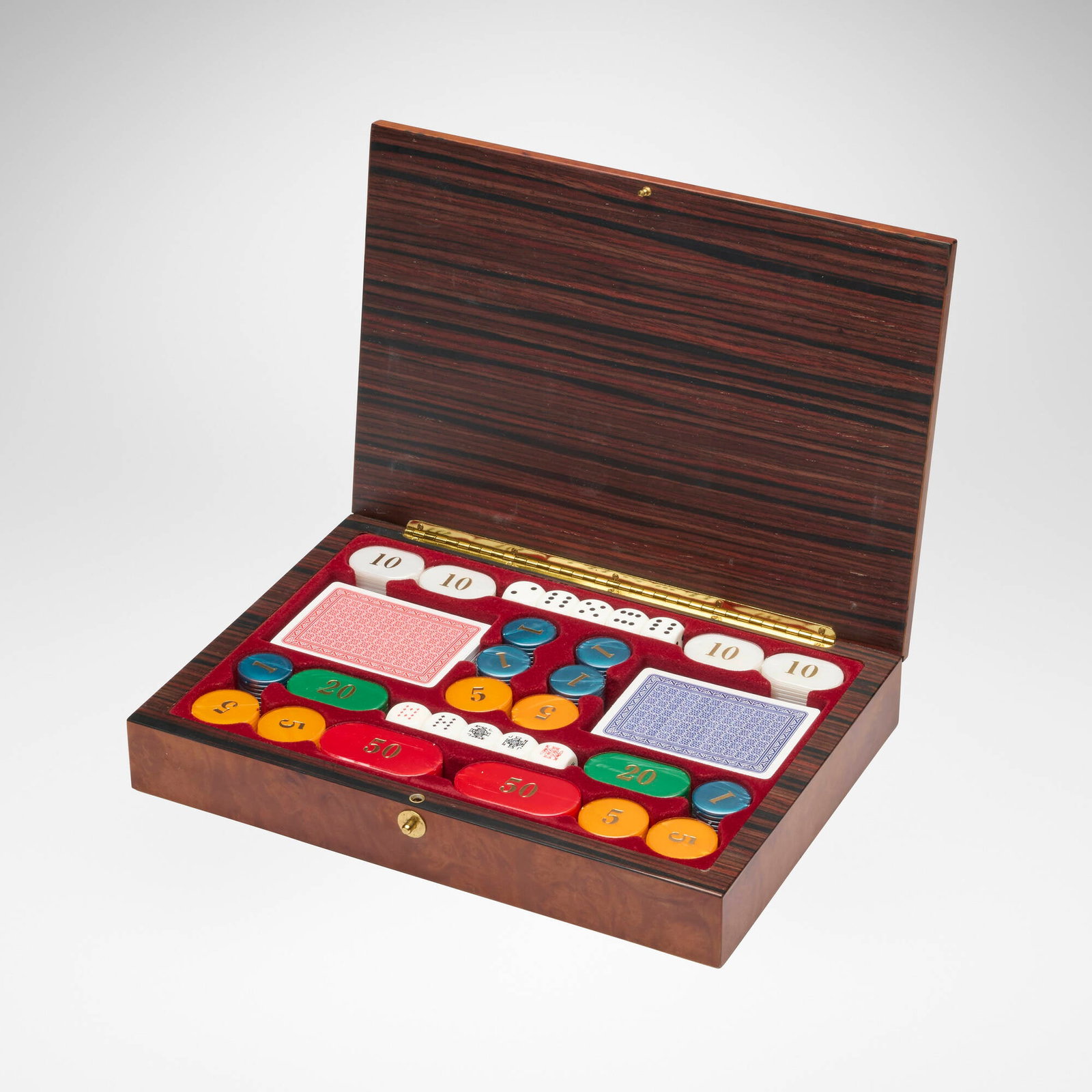 Bello Games Collezioni, Marsala poker set: Bello Games Collezioni Marsala poker set Italy, 21st century screenprint on wood 2.5 h x 11.75 w x 8 d in (6 x 30 x 20 cm) Set is comprised of two decks of cards, five dice, five poker dice and