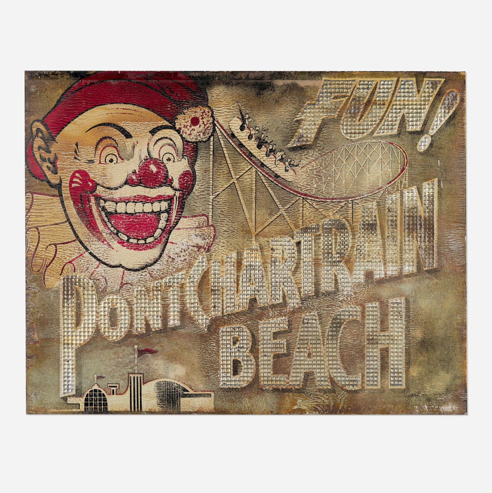 American, Pontchartrain Beach advertising sign with clown: American Pontchartrain Beach advertising sign with clown c. 1939 embossed and painted metal 21 h x 27 w in (53 x 69 cm) Located along the shore of Lake Pontchartrain in New Orleans, Louisiana,