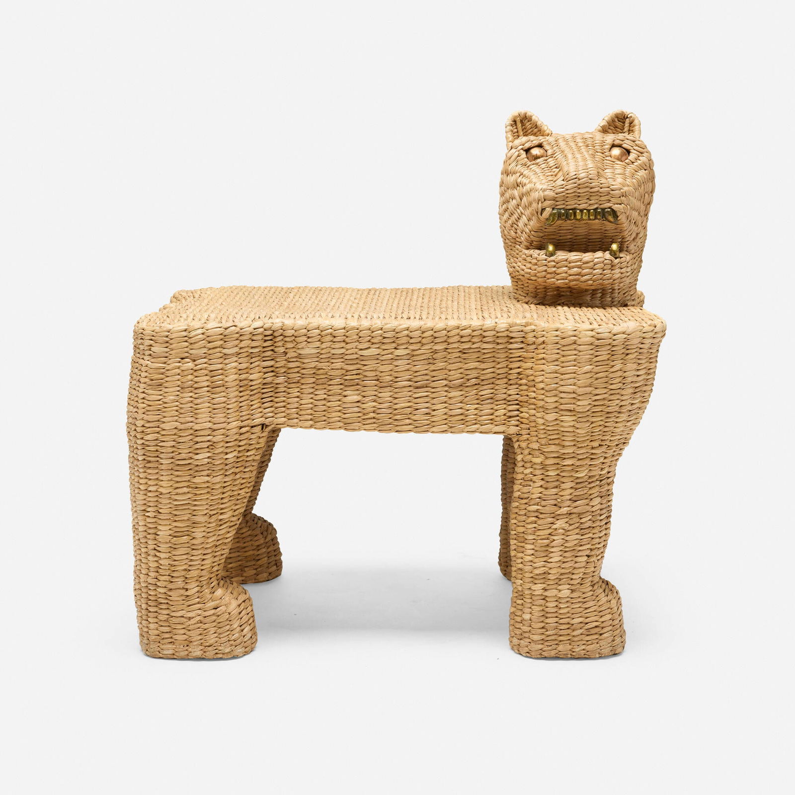 Mario Lopez Torres, Jaguar wicker bench: Mario Lopez Torres Jaguar wicker bench Mexico, 1974woven grass over steel frame, brass 25.5 h x 26 w x 18.75 d in (65 x 66 x 48 cm) Brass manufacturer's label to underside 'Taller Ihuatzio Mic