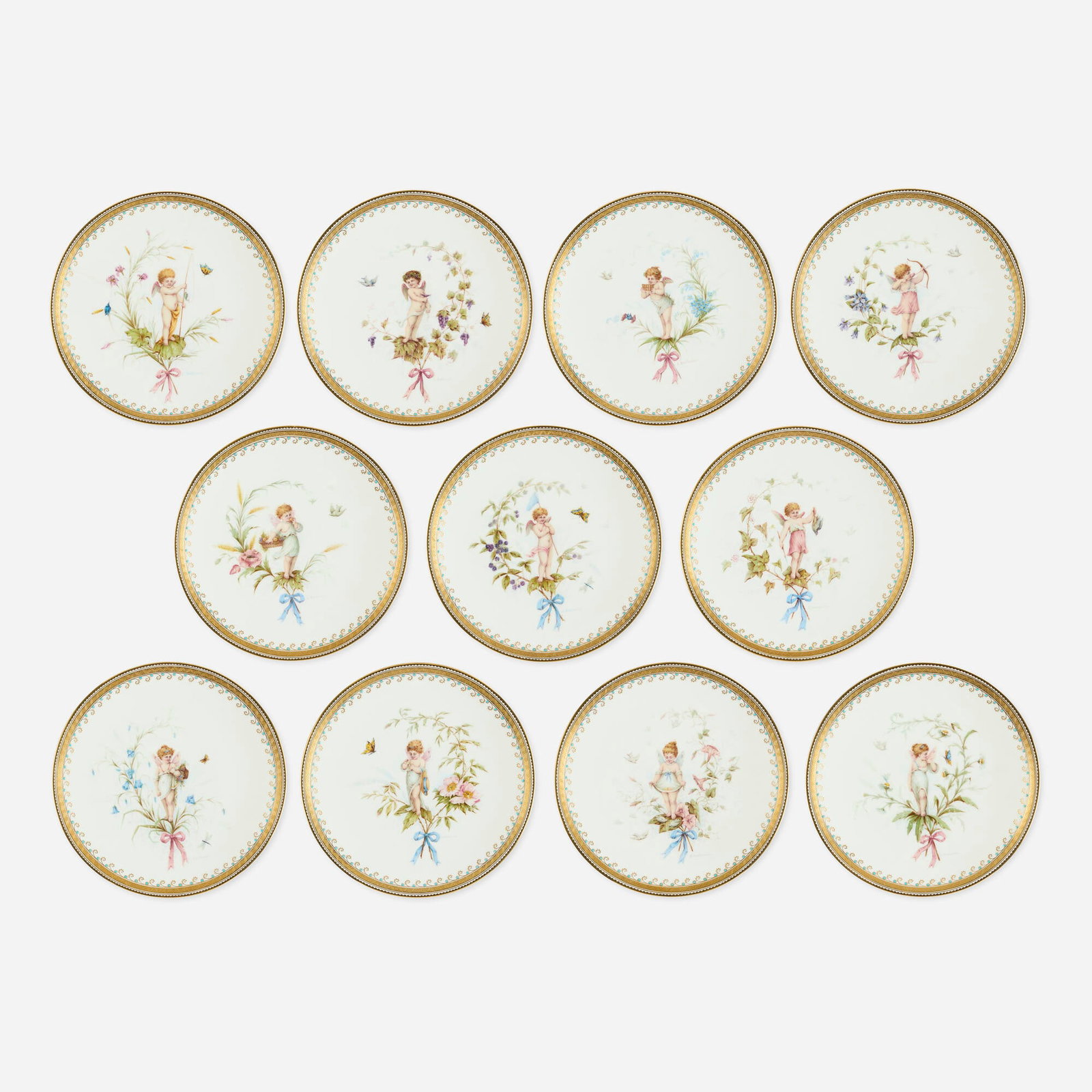 Lucien Boullemier for Minton & Co., Victorian plates with flower fairies, set of eleven: Lucien Boullemier for Minton & Co. Victorian plates with flower fairies, set of eleven England, c. 1895 glazed, hand-painted and gilt porcelain 0.875 d x 9.5 dia in (2 x 24 cm) This set was